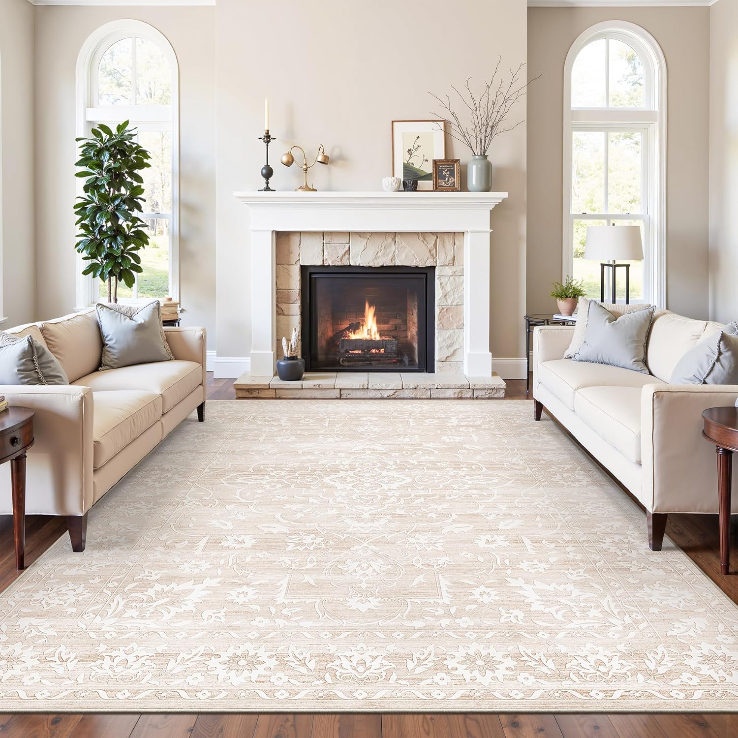 8x10 Area Rugs for Living Room, Stain Resistant Washable Rugs for Dining Room, Kitchen, Floral Vintage Non-Slip Thin Large Beige Rug Beige 8' x 10' (Rectangular)