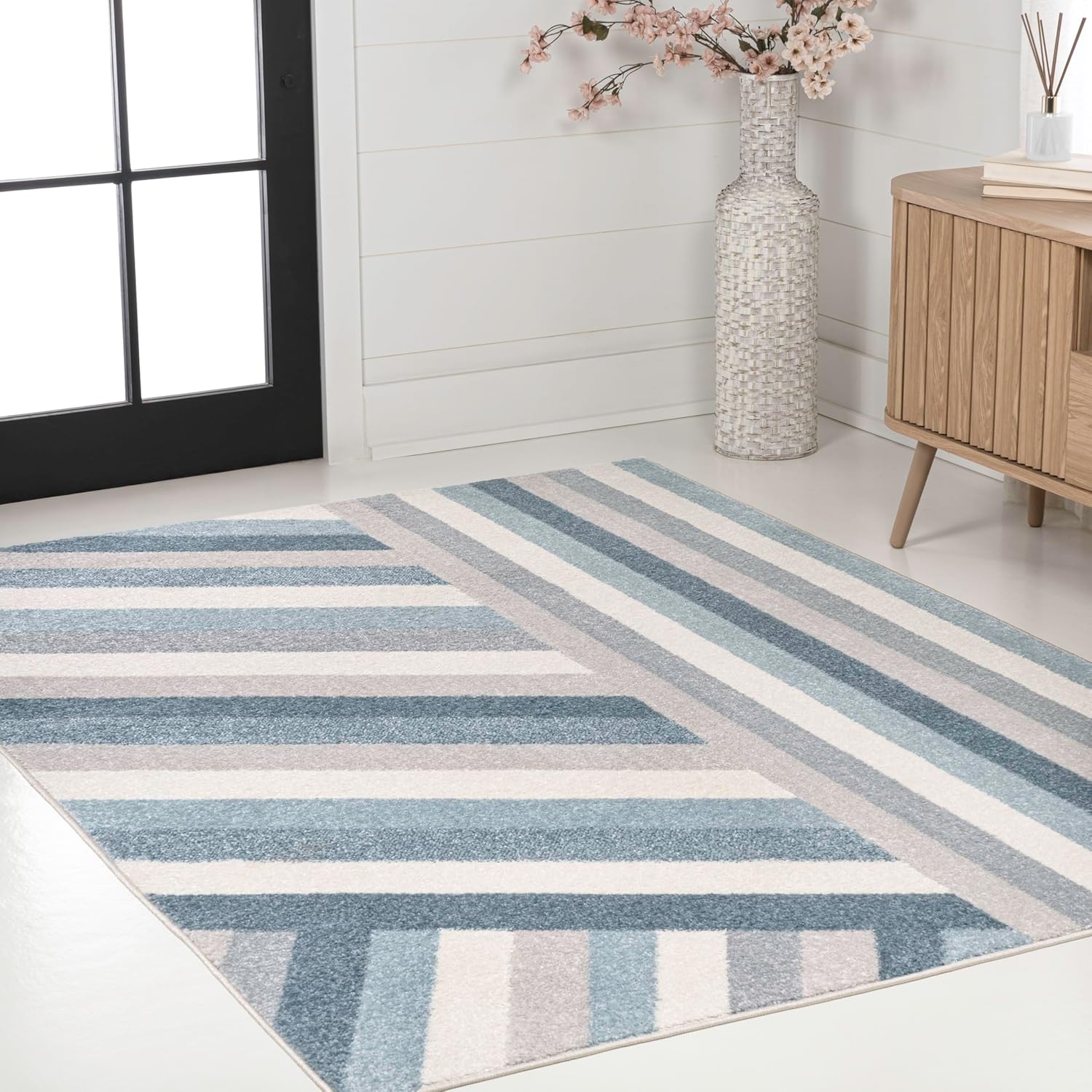 JONATHAN Y Retro Rainbow Stripe Indoor Area Rug 4x6, Blue/Cream/Gray, Contemporary, Casual, Coastal, Easy-Cleaning for Living Room, Bedroom, Kitchen, Pet Friendly, Non-Shedding (DZC102B-4)