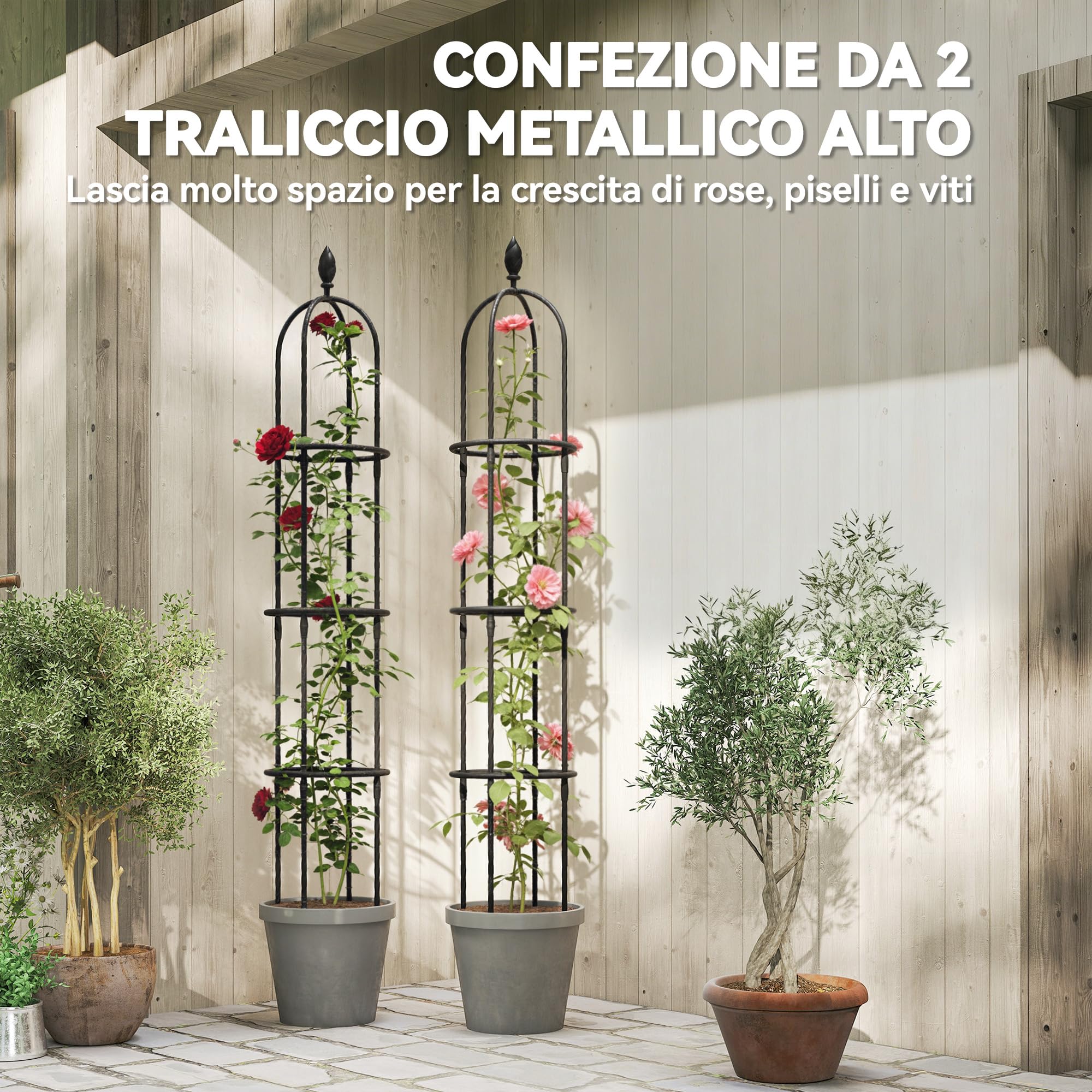 Outsunny Set di 2 Supporti per Piante Rampicanti Alti 1.74 m, Traliccio per Rampicanti da Giardino Alti in Acciaio Rivestito in PE con Decorazioni, per Rose, Pomodori, Fiori, Piselli e Verdure, Nero
