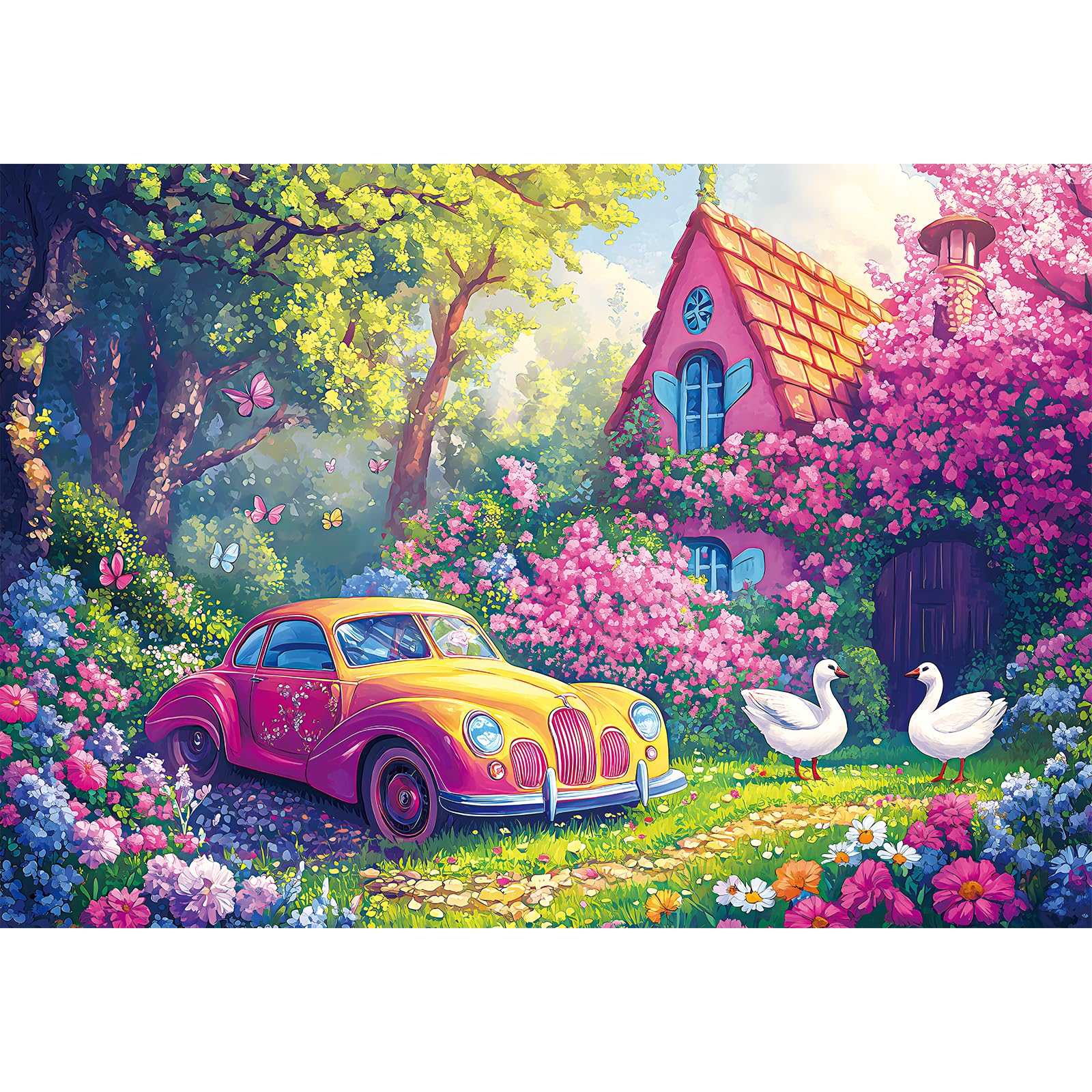 2000 Piece Puzzle for Adults, Nostalgic Vintage Car and Garden Cottage with White Geese, Challenging Jigsaw Puzzle, Fun Family Activity for Puzzle