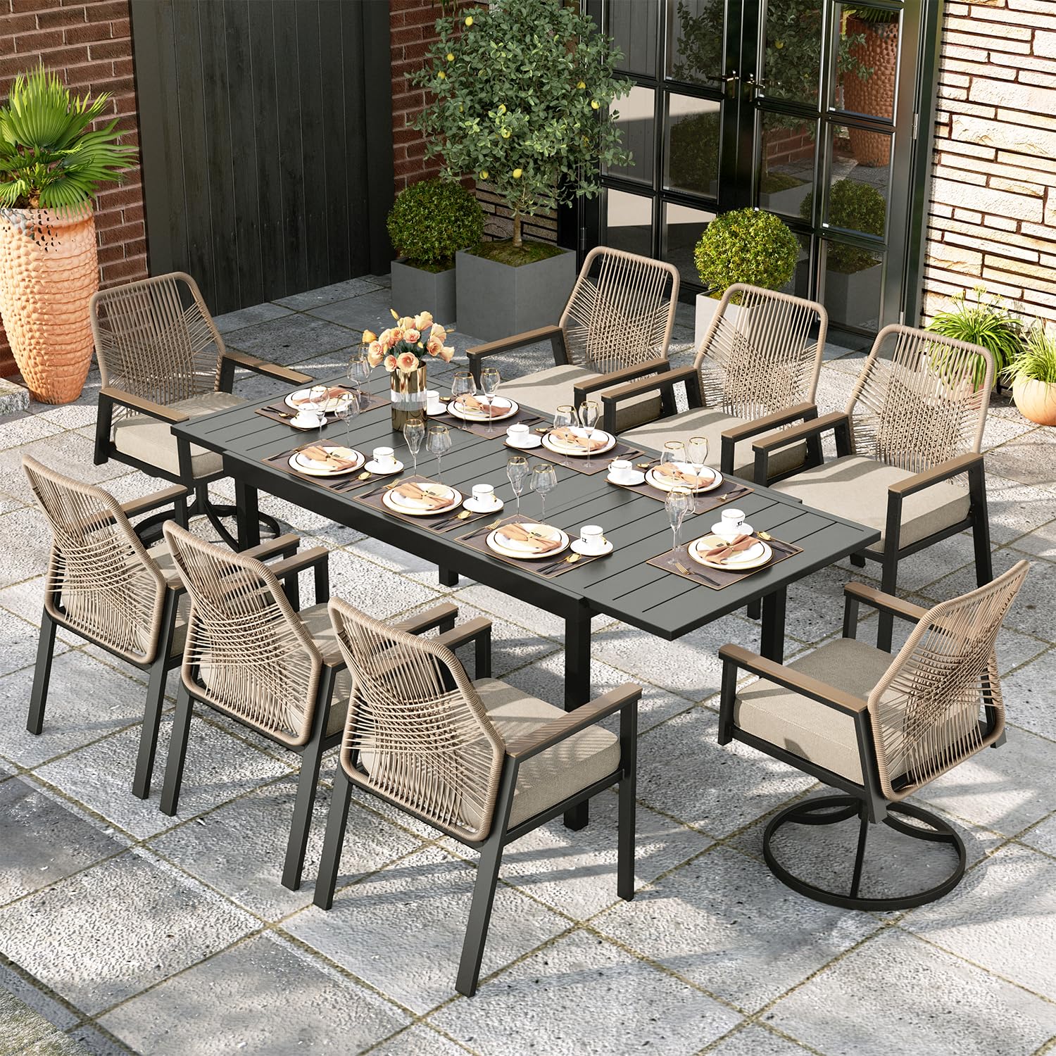 MIXPATIO Patio Dining Set, Extendable Metal Table, 8 Rattan Chairs, Beige