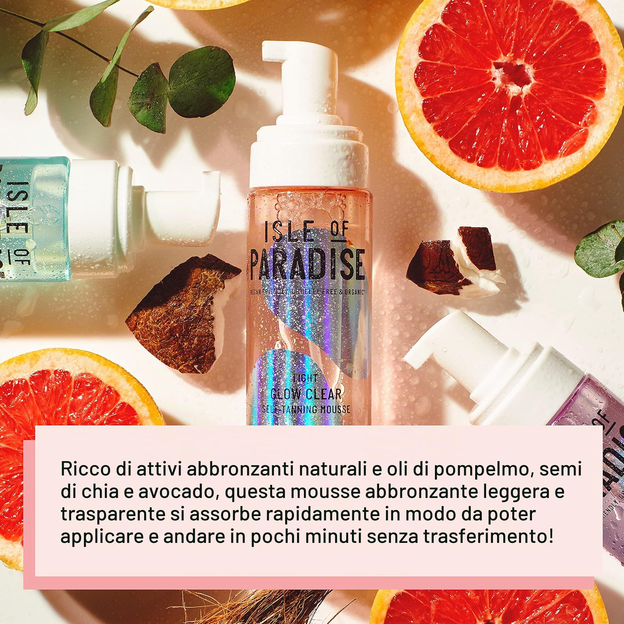 Isle of Paradise Mousse autoabbronzante, media (200 ml) Glow Clear, schiuma autoabbronzante, ingredienti naturali e vegana (la confezione può variare)