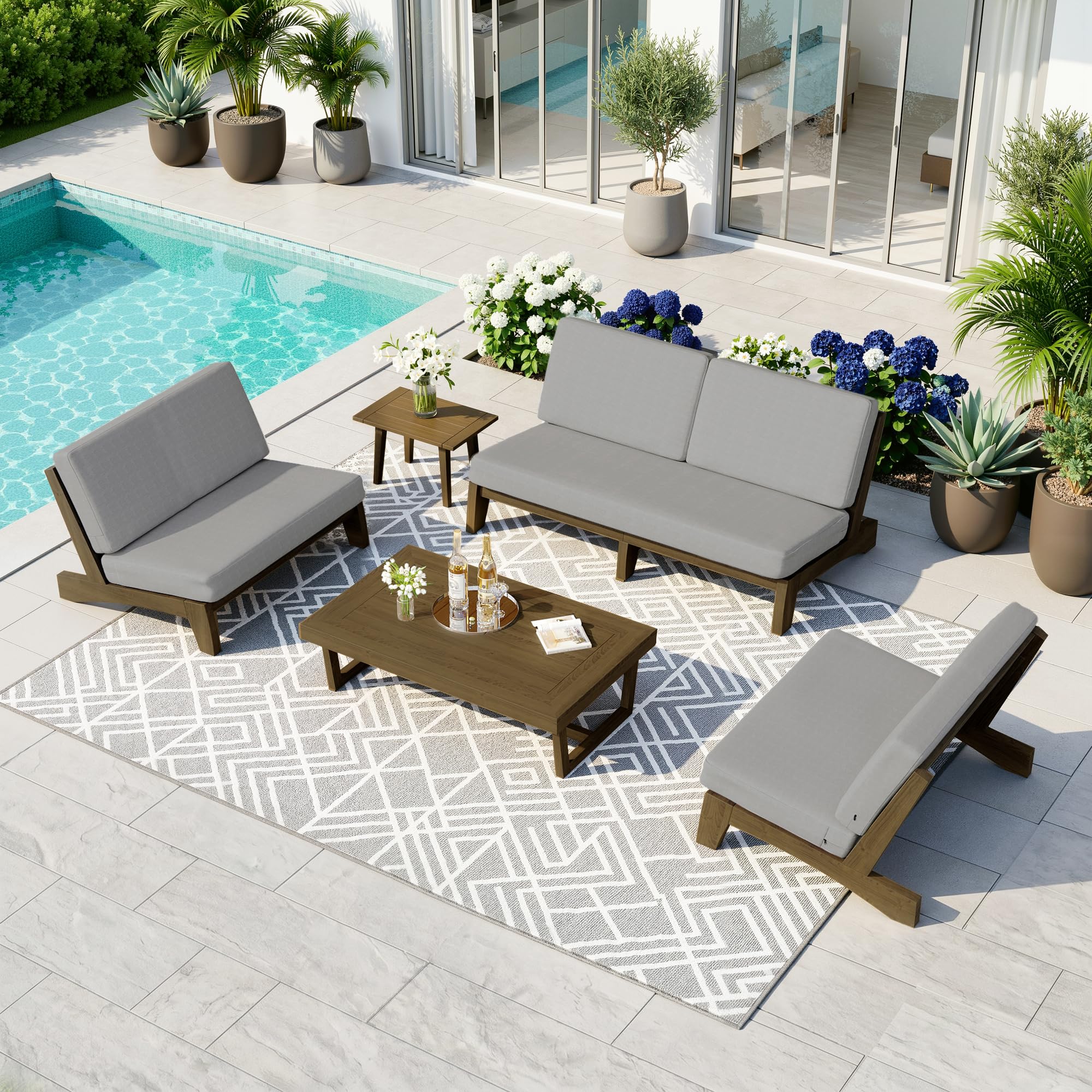 Pia Ricoo 5-Piece Patio Furniture Set, Outdoor Sofa with 2 Loveseat, 2 Chairs &amp; Coffee Table, All-Weather Conversation Set for Backyard/Deck/Lawn - Gray