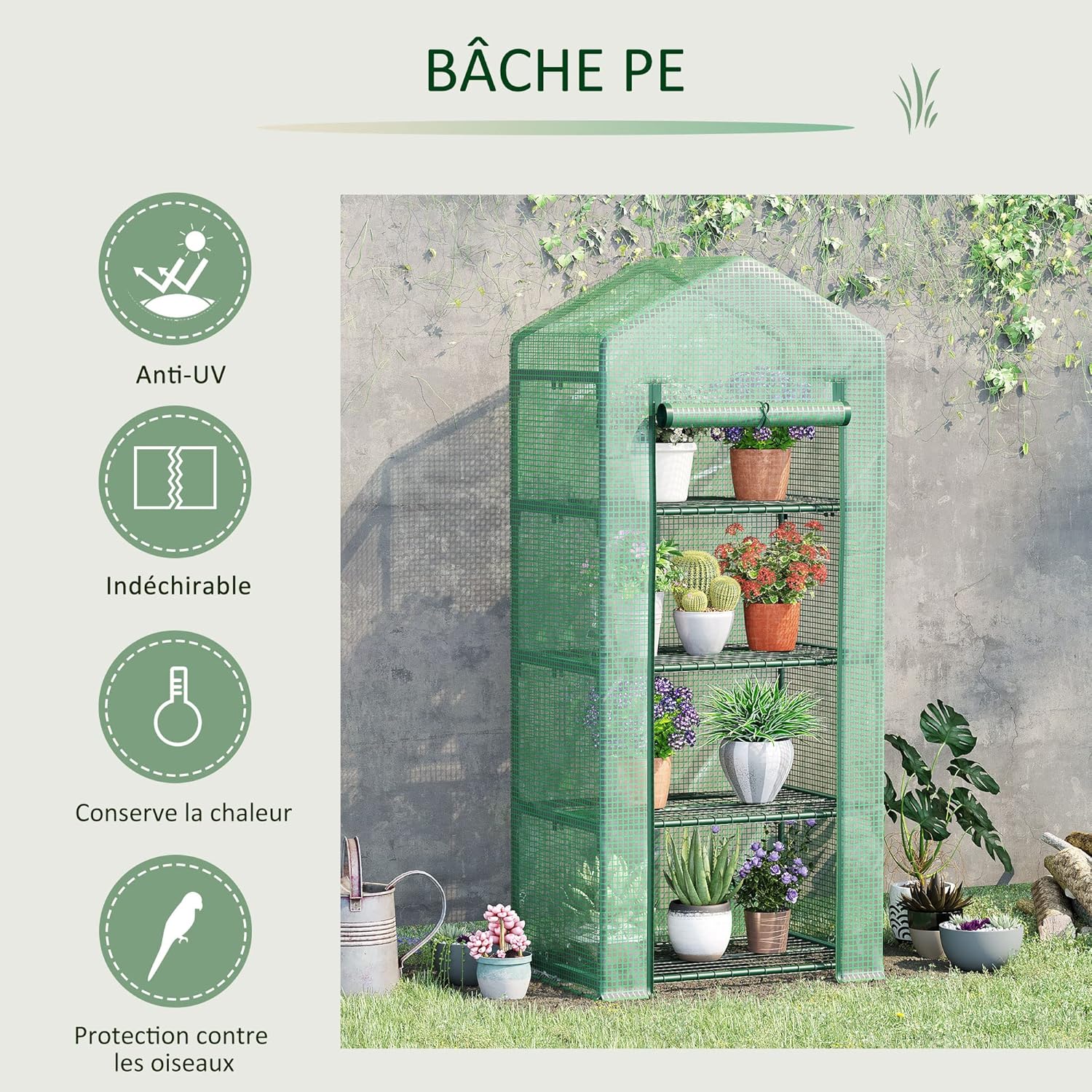 Icons depicting Anti-UV, tear-resistant, heat retention, and bird protection features of the PE cover