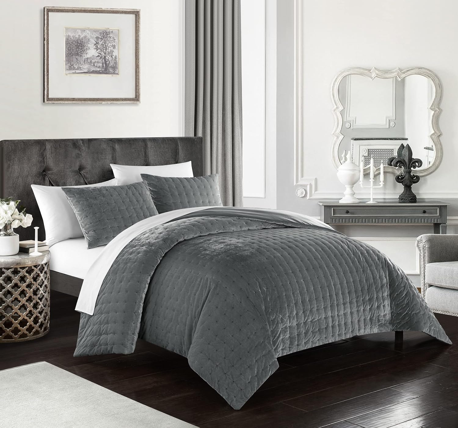 Chic Home Chyna 3 Piece Comforter Set Luxurious Hand Stitched Velvet Bedding-Decorative Pillow Shams Included, Queen, Grey