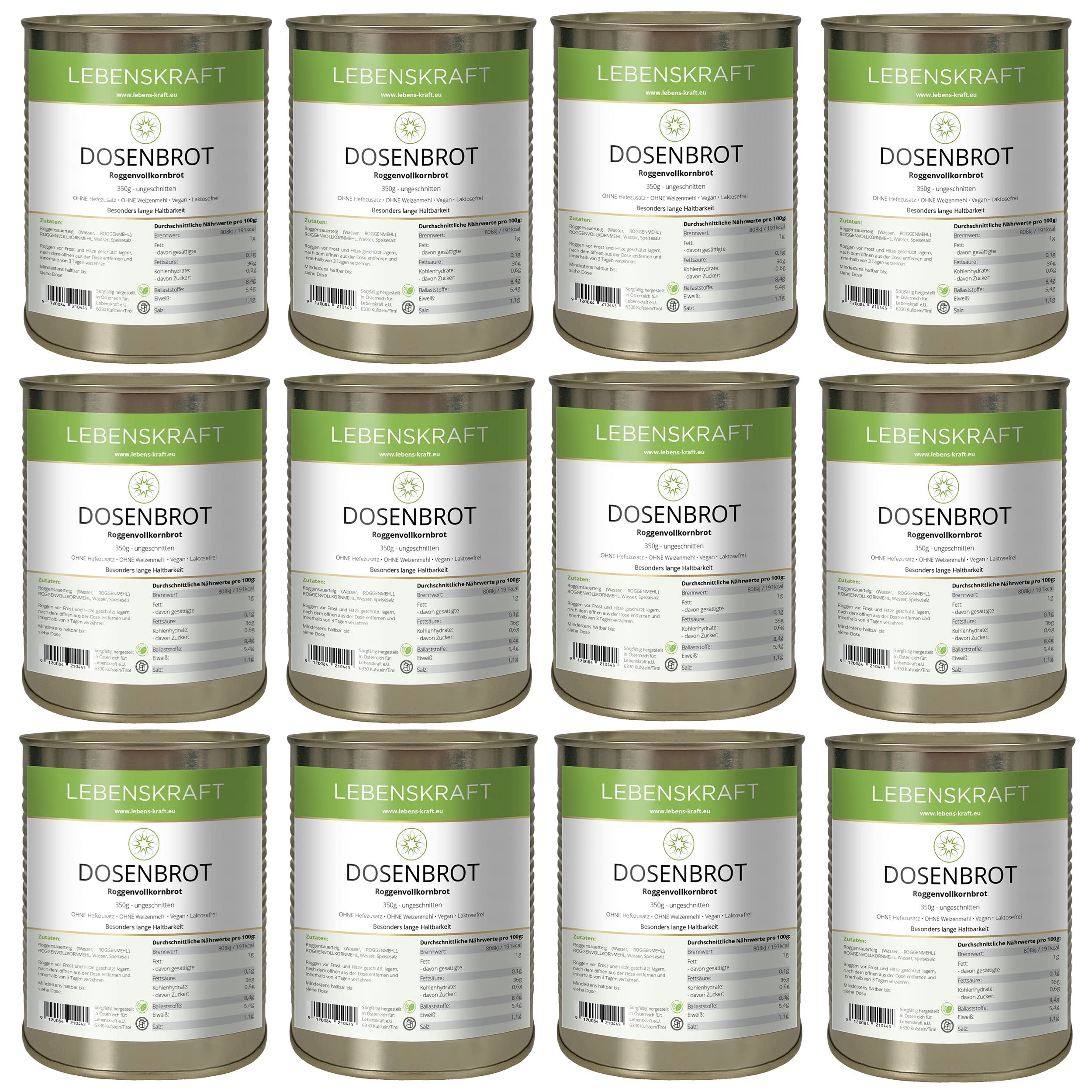 Lebenskraft Dosenbrot, Roggenvollkornbrot, 12x 350g Dose, lang haltbar, ohne Weizenmehl, vegan, laktosefrei