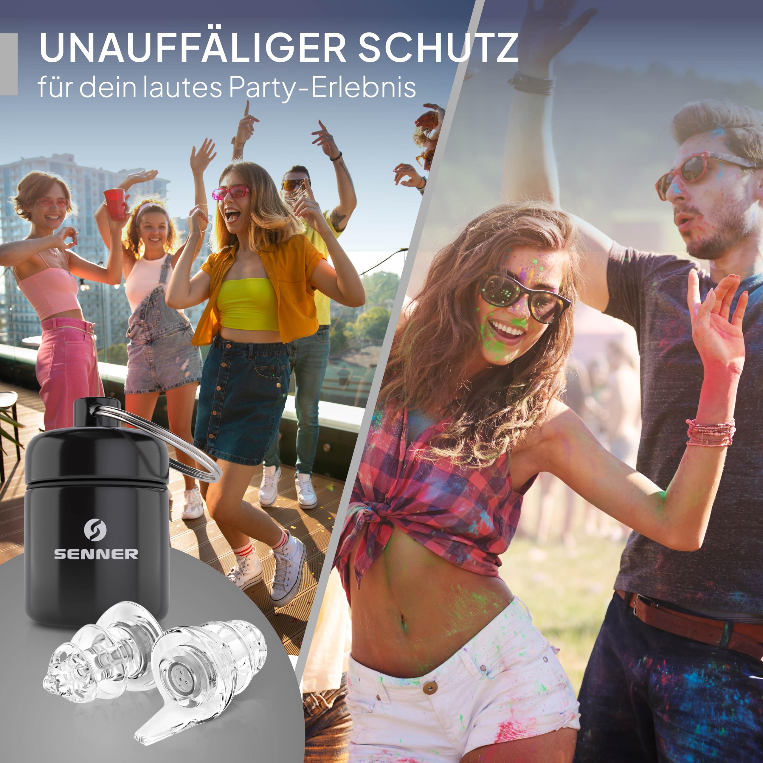 Senner ® PartyPro | Gehörschutz für Musik & Musiker - Ohrstöpsel für Festivals, Konzerte, Partys und Discos - transparente Party Earplugs mit 18 dB Lärmreduzierung - mit Alubehälter