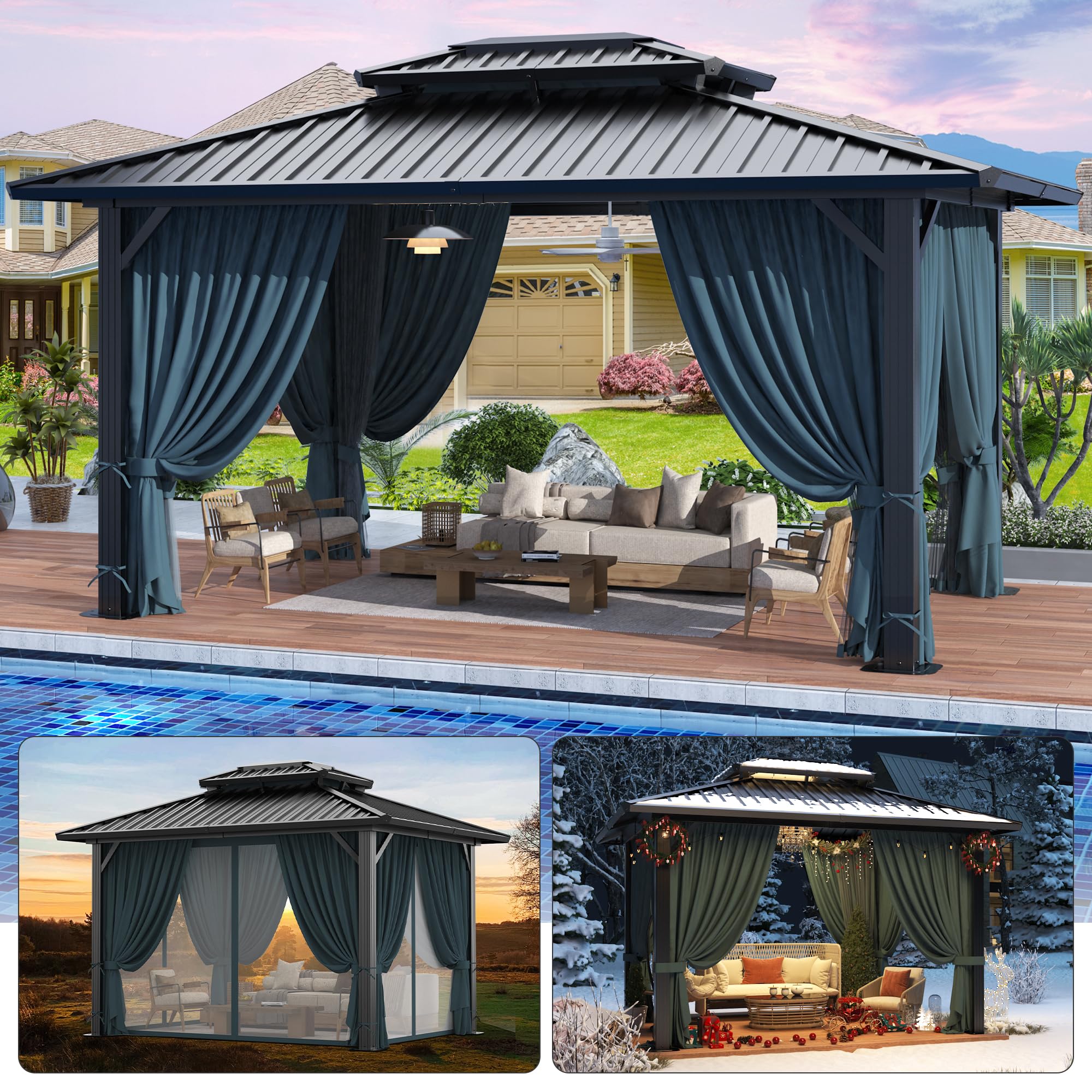 hoteel 10x12 hardtop gazebo hot tub gazebo with flame-retardant curtain netting, heavy duty pavilion with galvanized steel double roof, aluminum frame outdoor canopy for patio and party (upgraded 3.0)