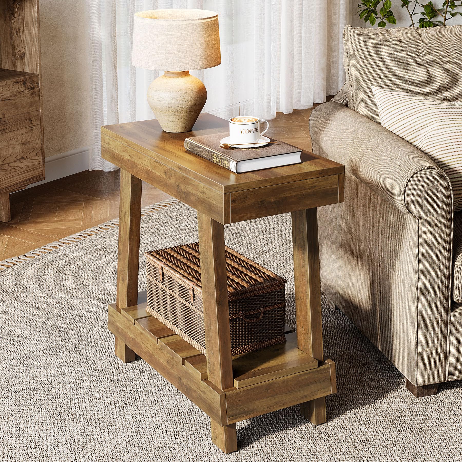 Tribesigns End Table, Side Table with 2-Tier Storage Shelf for Living Room, Farmhouse Bedside Nightstand with Heavy Duty Base for Bedroom