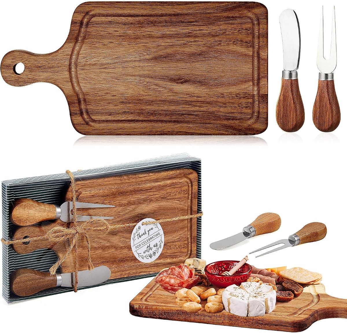 1 juego de tablero de charcutería para premios de despedida de soltera, madera de acacia | Tabla de queso de madera de Acacia con etiqueta de agradecimiento de tenedor de cuchillo, caja de regalo para invitados, recuerdos de fiesta de Baby Shower de boda de San Valentín
