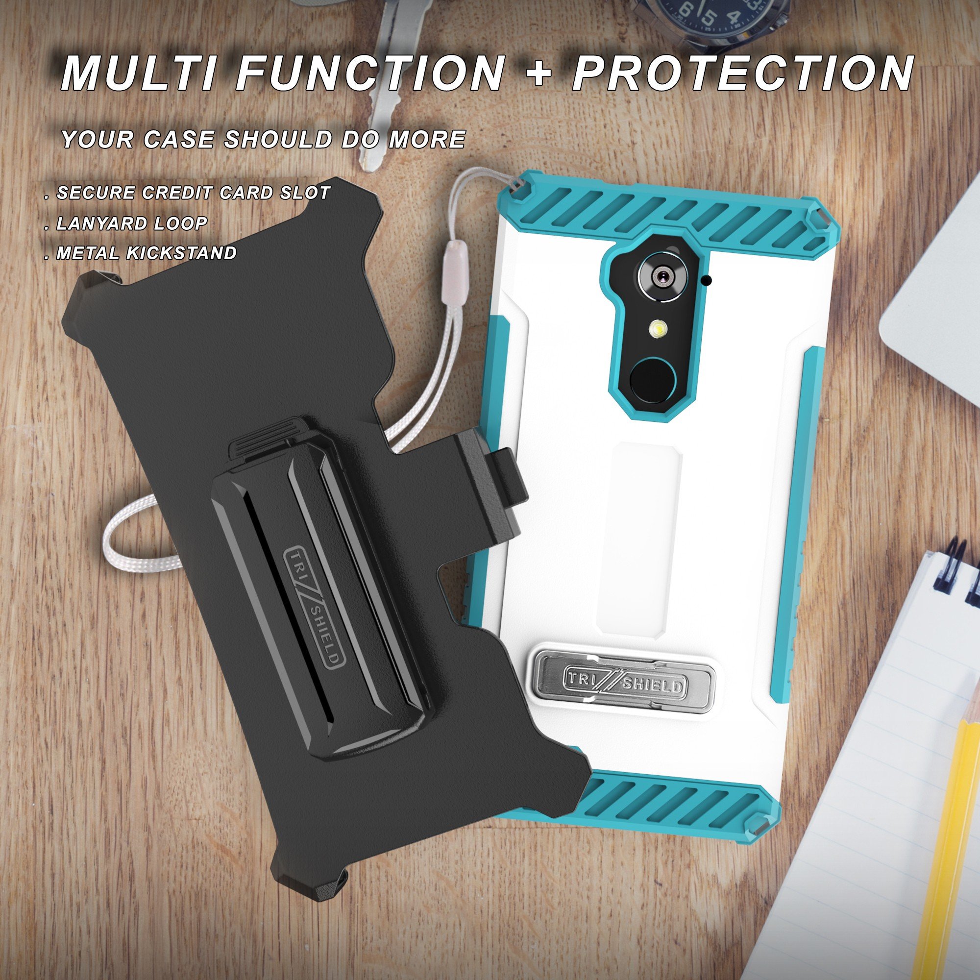 Beyond Cell Compatible with ZTE Blade X Max/Max XL/Blade Max 3/ Zmax Pro/Grand X Max 2/ Imperial Max/Max Duo Case/Trishield Durable White Light Blue Phone Cover with Belt Clip Holster Kickstand