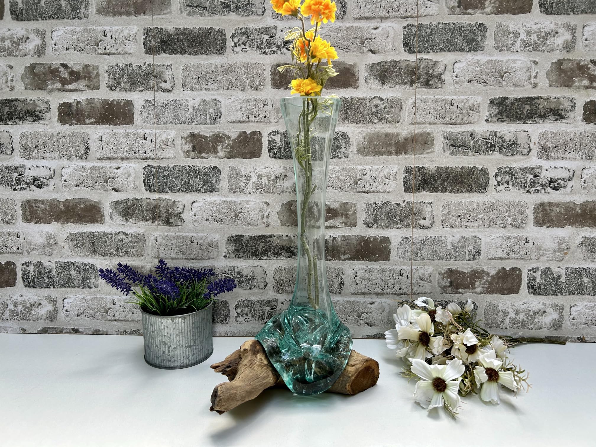 Large 40cm Molten Glass on Root Vase Display Flower Stem Holder Fluted