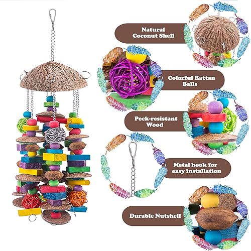 Miniatura 3 de EBaokuup Juguetes grandes para loros, coloridos bloques de madera para masticar pájaros, jaula de loro, juguete para mordedura para guacamayos,