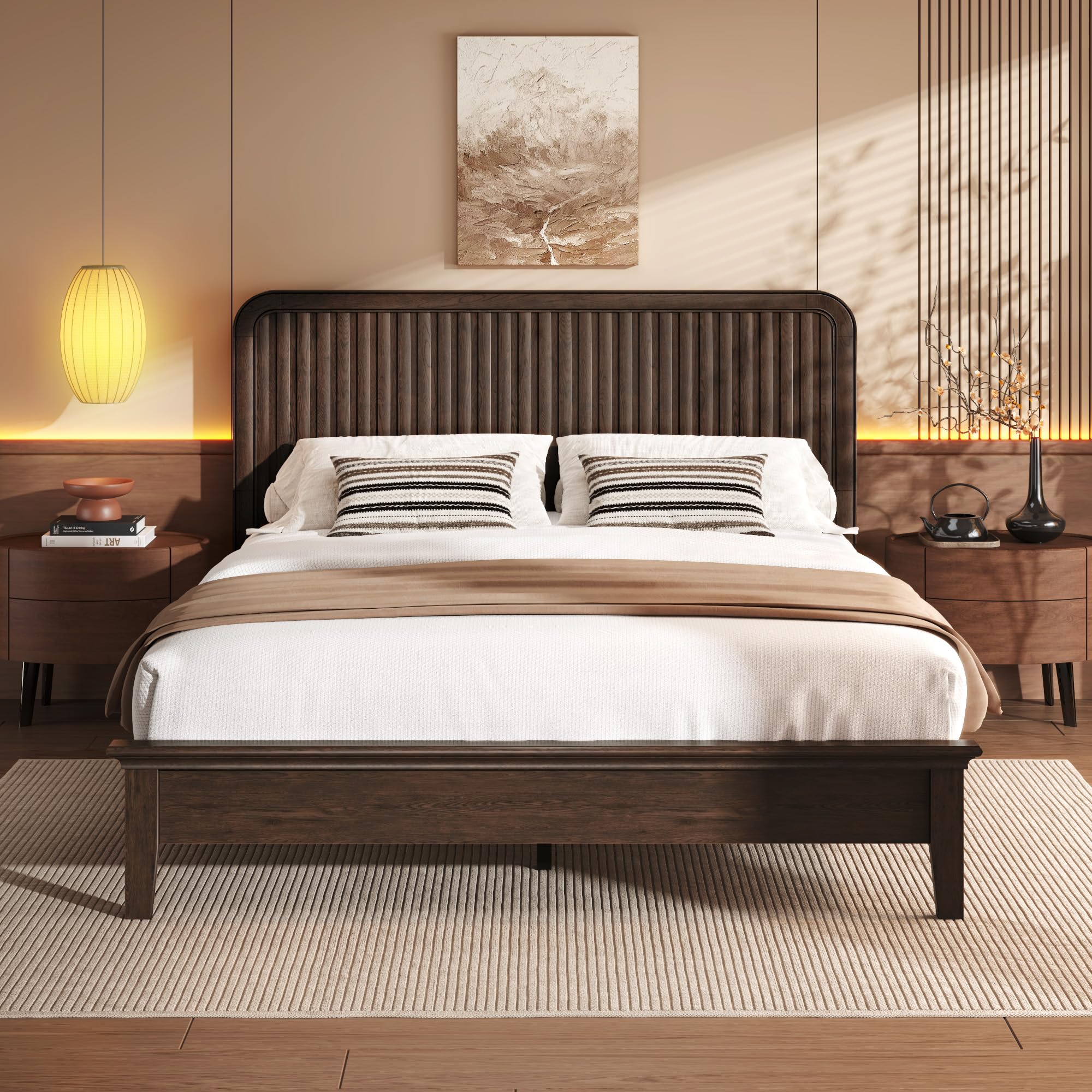 Photo 1 of ** missing headboard ** Lifezone Solid Wood Queen Size Bed Frame with Fluted Headboard, Walnut Japanese Bed Frame, Slats Support, Noise-Free, Sturdy Structure, Easy Assembly