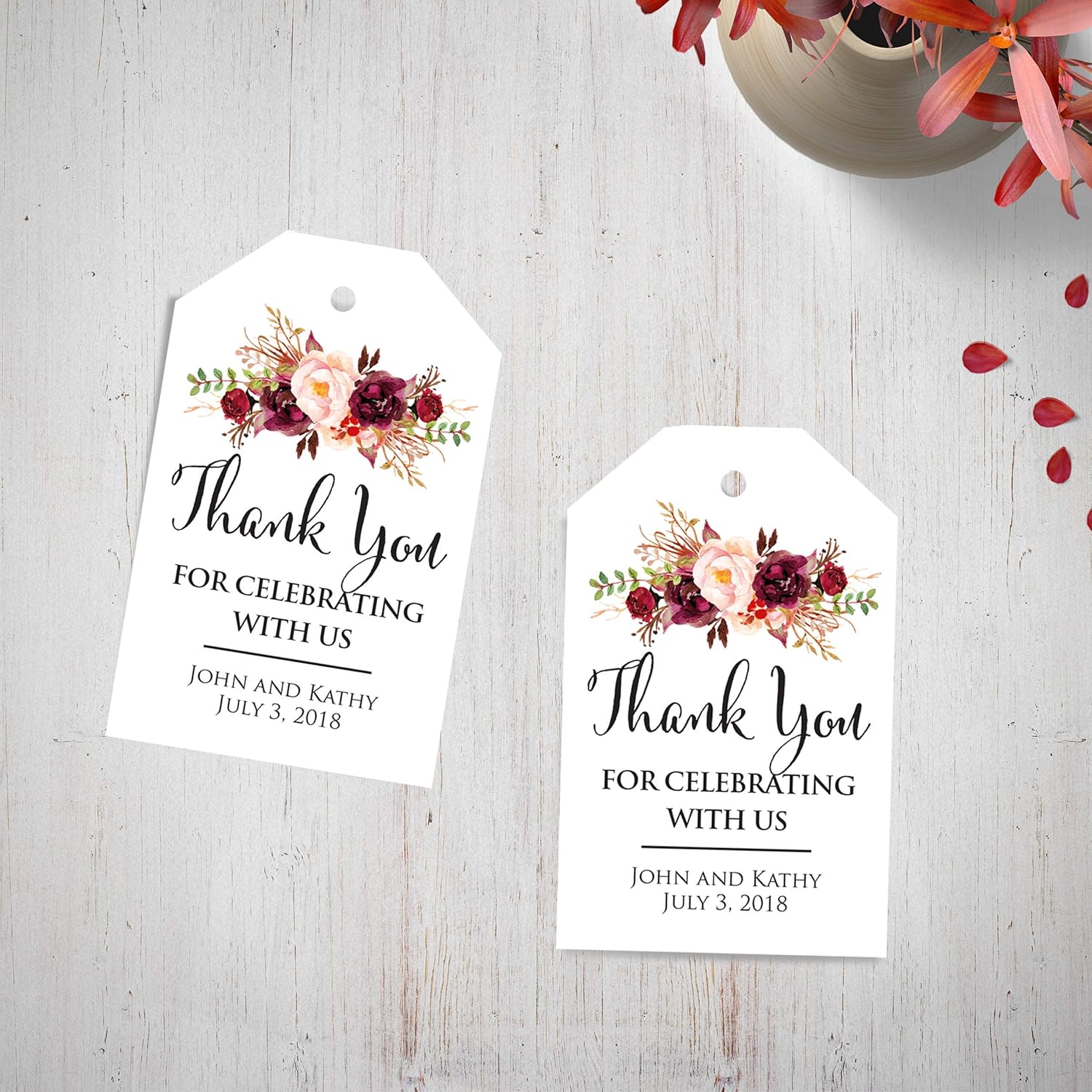 Custom Wedding Thank You Tags Burgundy Floral Watercolor Gift Tags Wedding Favor Tags Personalized Thank You For Celebrating With Us Favors