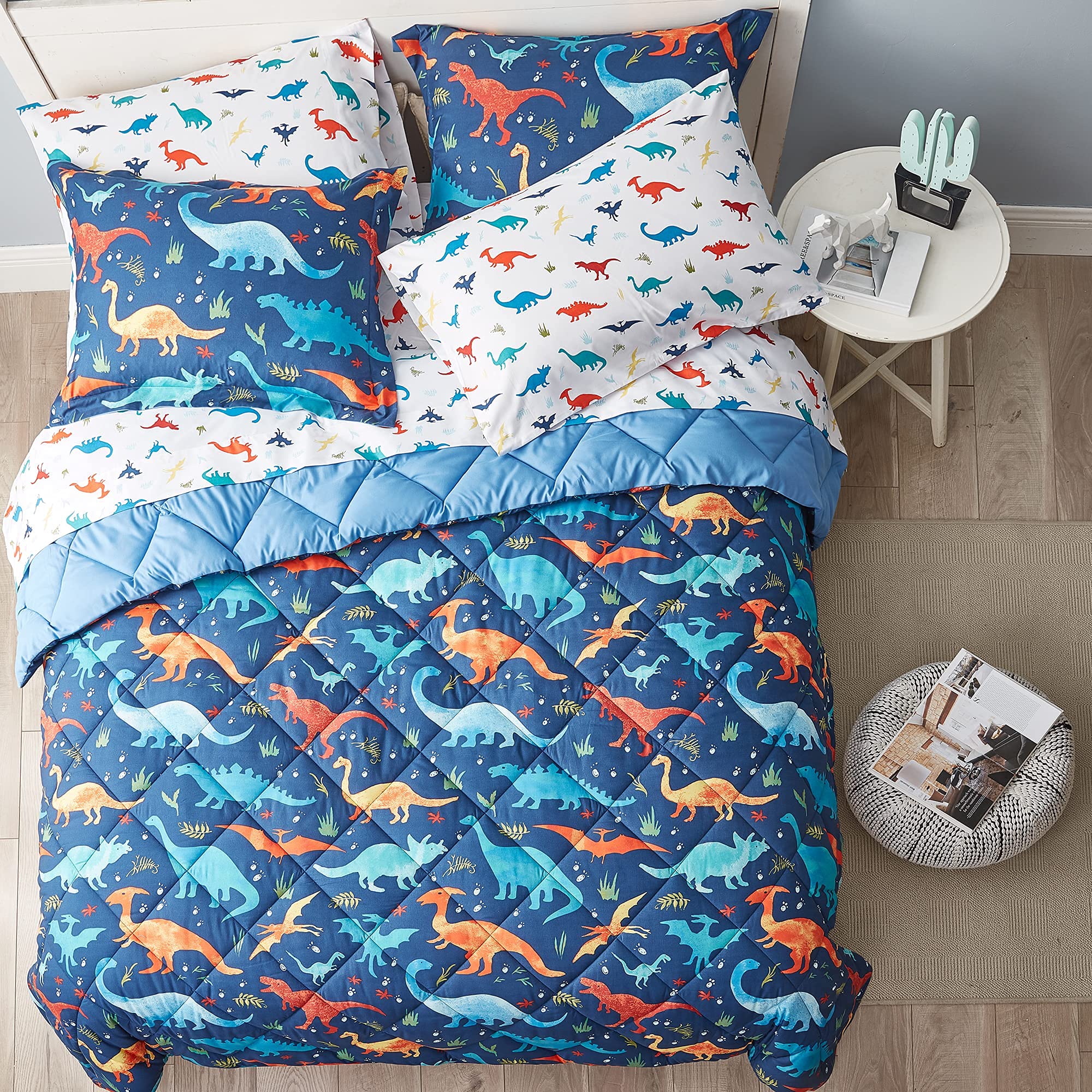 Juego de edredón para niños, 7 piezas, suave, ligero, dinosaurio, con sábanas, cama en una bolsa, juego de edredón duradero para niños tamaño Queen 3