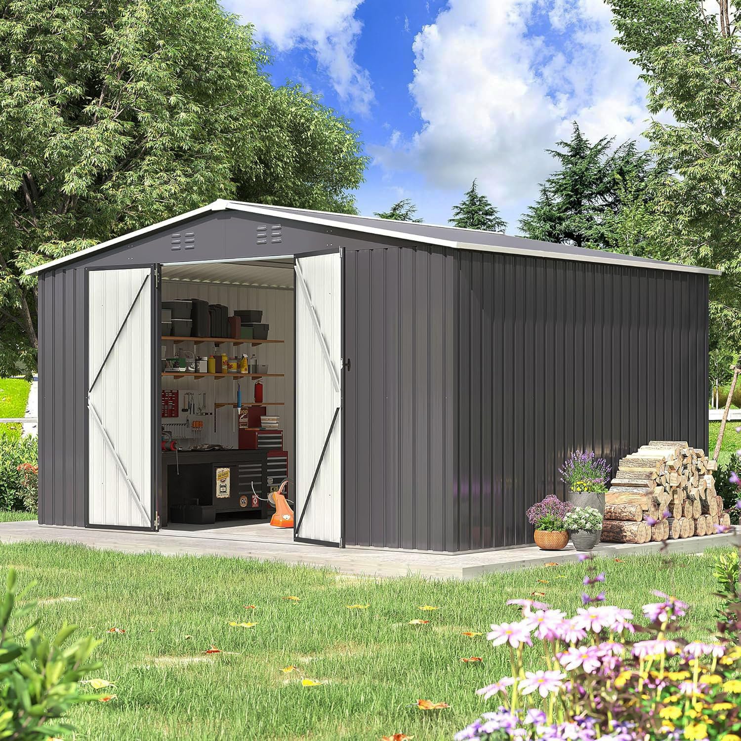 Polar Aurora 10x12 Outdoor Storage Metal Shed with Updated Frame Structure