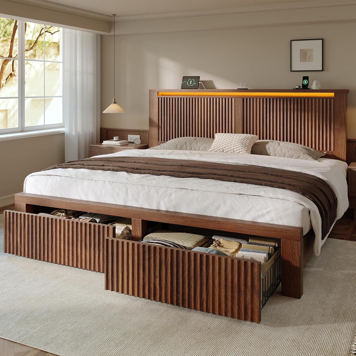King Bed Frame with LED Lights,Mid-Century Modern Luxury