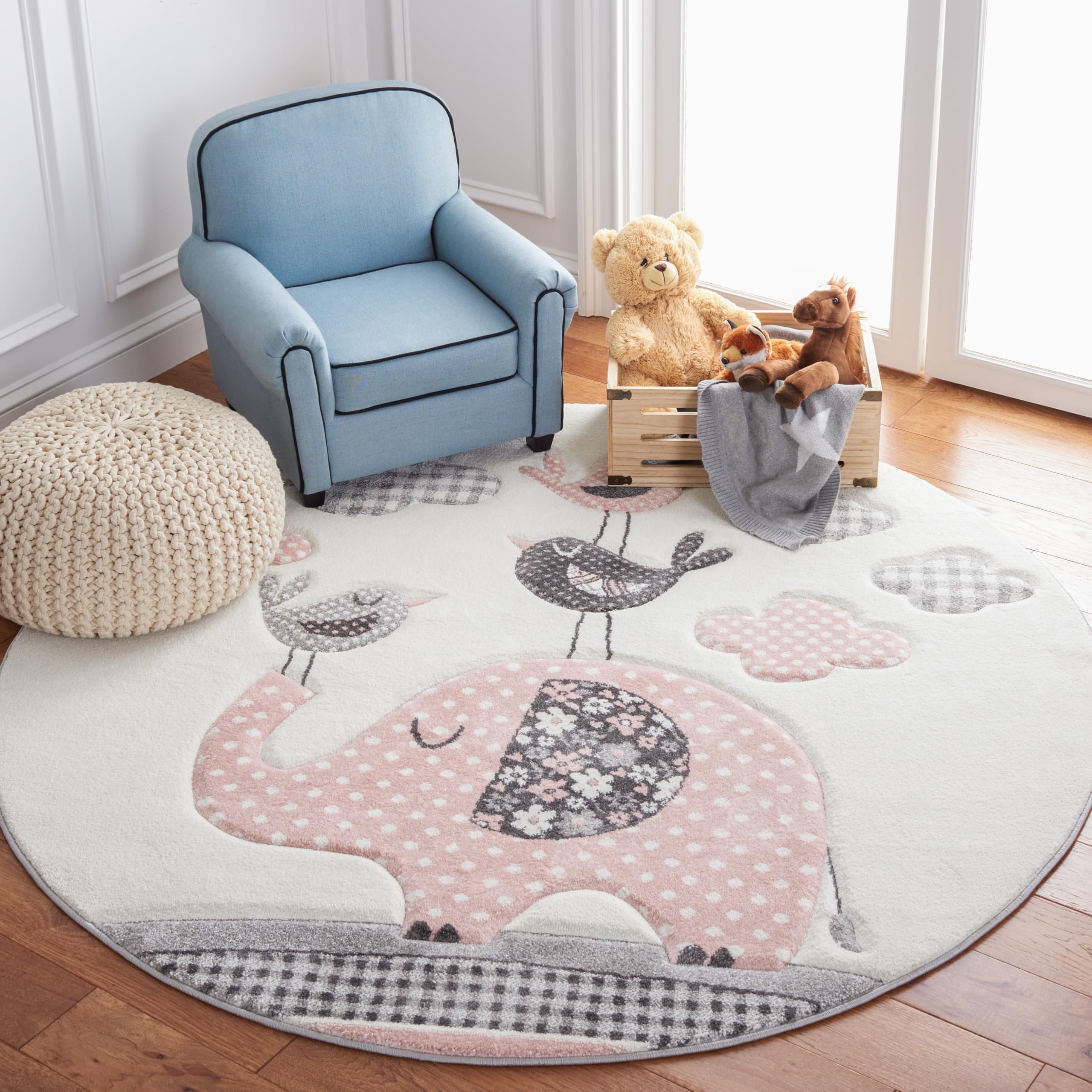 SAFAVIEH Carousel Kids Collection Area Rug - 67 Round Pink Ivory Animal Design Non-Shedding Easy Care Ideal for