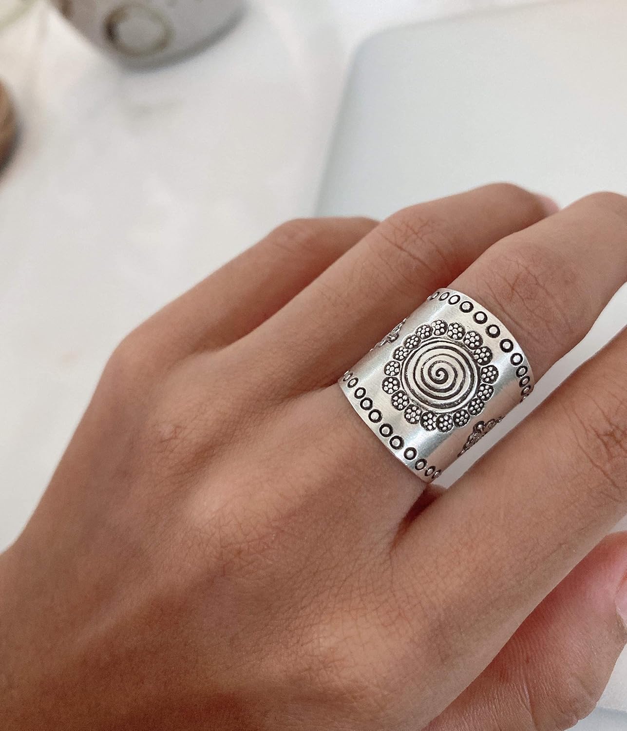 Handmade Sterling Silver Mandala ring, Boho Ethnic Tribal Sun Solar Ring, Bohemian Gypsy Silver Ring, Adjustable to sizes 6-12, Can fit also as Thumb Ring