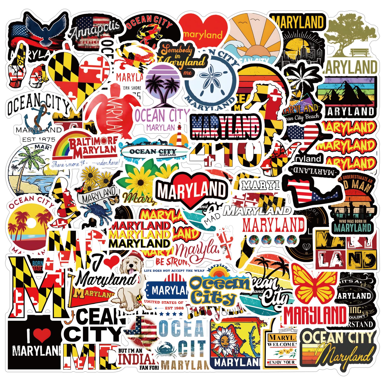 60pcs Maryland Stickers Pack, Vinyl Waterproof Decals for Water Bottle,Laptop,Phone,Skateboard,Scrapbooking,Bumper Fans for Party Supply
