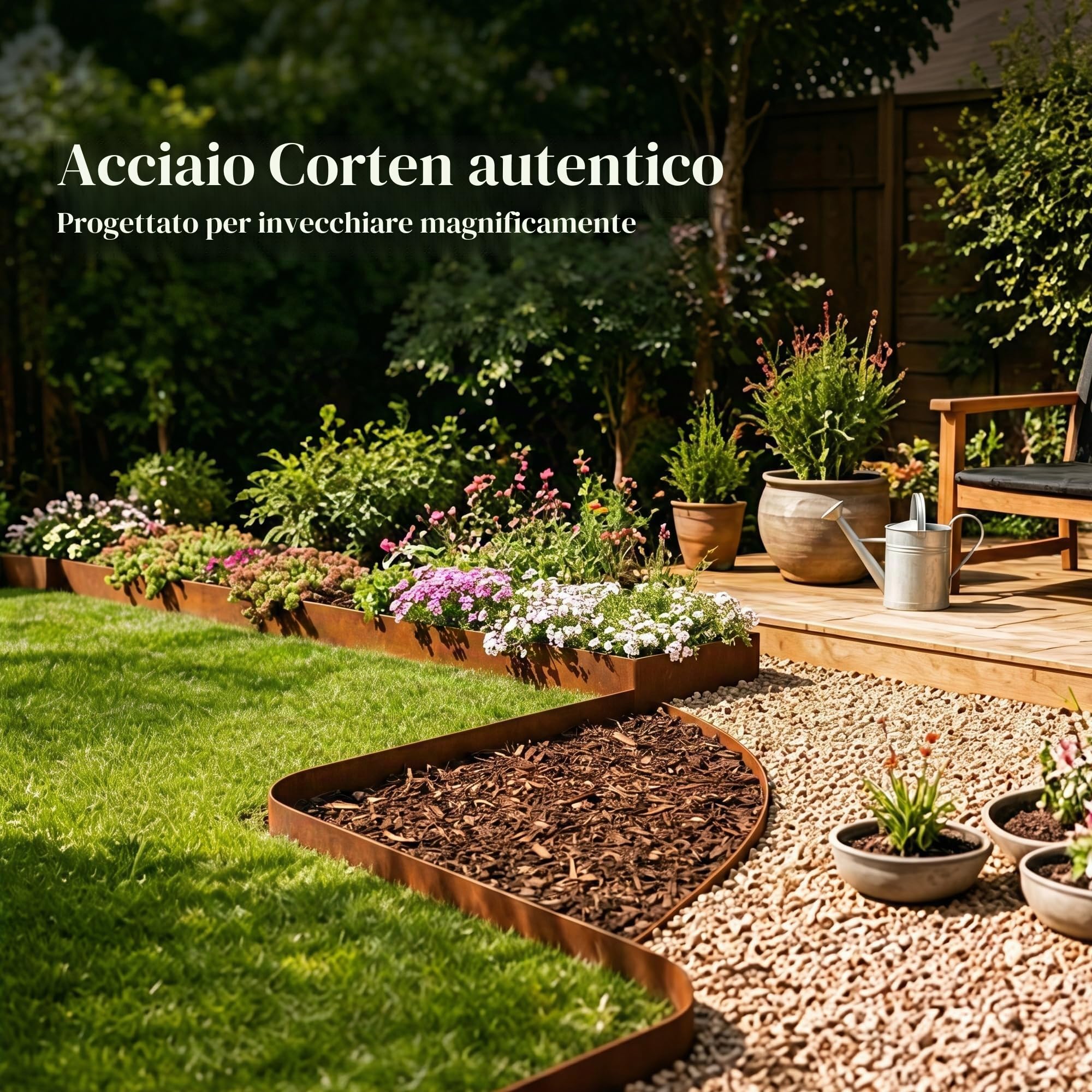Bordo per bordatura del prato, altezza 20 cm, confezione da 6 pezzi pre-arrugginito Cor-Ten in acciaio – Non scavare martello, 6 m di lunghezza totale, con 7 clip e guanti K649B02