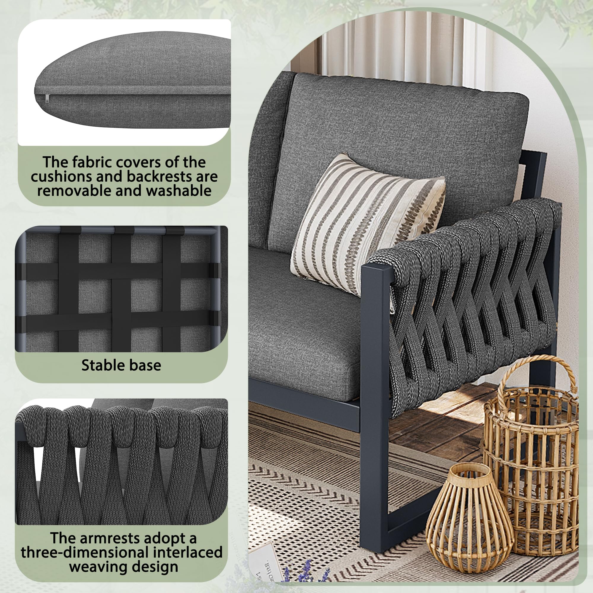 Conjunto Jardin Sofa Terraza Exterior Modular para 5-6 Personas, Muebles Jardin Exterior con Patas Ajustables y Cojín Suave, 2 Mesas y Estructura Metal, Garden Furniture, Gris