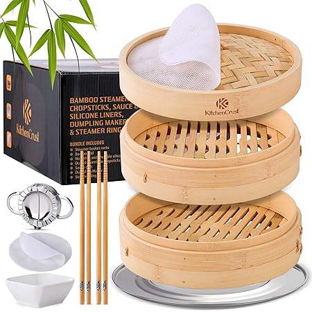 KITCHENCRUST Bamboo Steamer Basket for Chinese Asian Cuisine - 2 Tier 10-Inch Steaming Basket Bun Vegetable Steamer, Dumpling Steamer bamboo steam basket, Sauce Dish, Chopsticks, Reusable Liners, Ring
