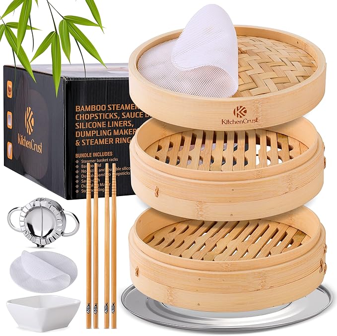 KITCHEN CRUST Bamboo Steamer Basket for Chinese Asian Cuisine,2 Tier 10Inch Steaming Basket Bao
