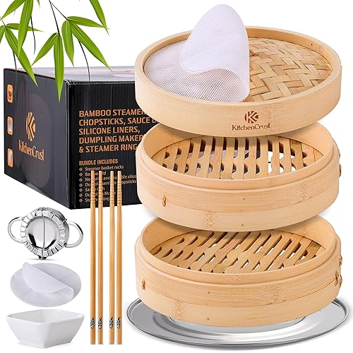 KITCHENCRUST Bamboo Steamer Basket for Chinese Asian Cuisine - 2 Tier 10-Inch Steaming Basket Bun Vegetable Steam, Dumpling Steamer bamboo steam basket, Sauce Dish, Chopsticks, Reusable Liners, Ring - 6 Piece Set