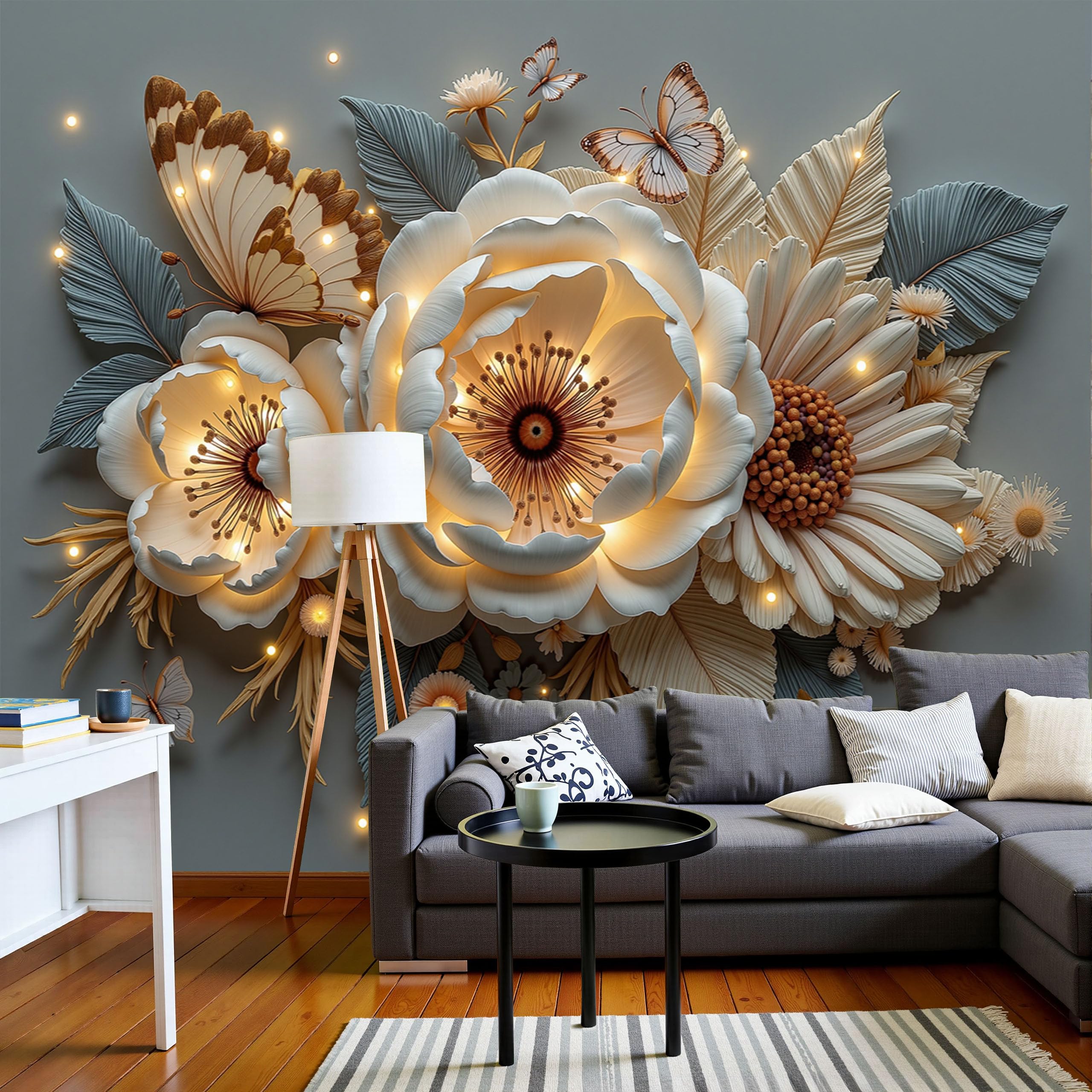 Mural fond d'écran Art déco haut de gamme avec motifs de papillon blanc cassé