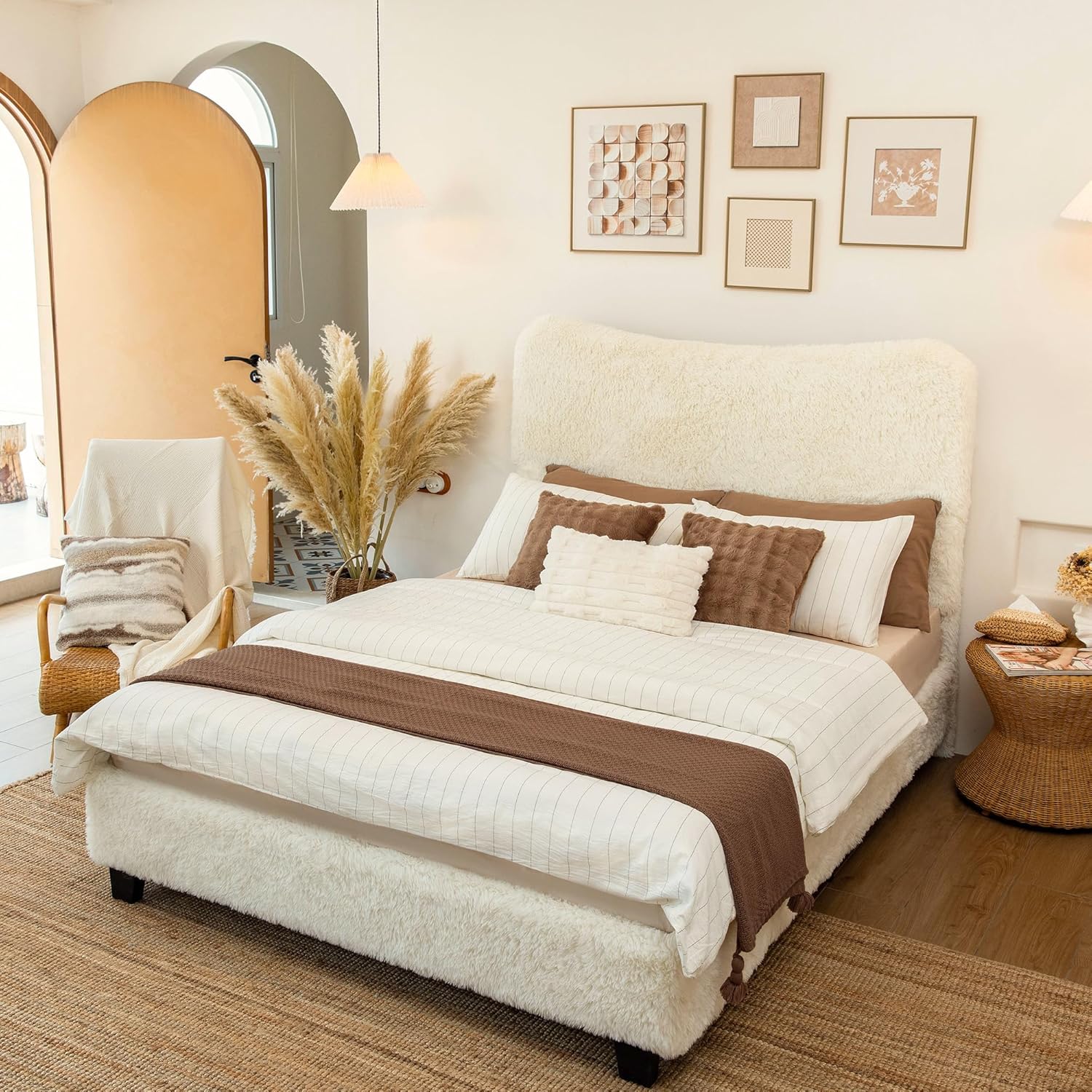 Yechen Queen Cloud Bed Frame with Tall Headboard, Boho Fluffy Faux Fur Plush Bedframe, Round Soft Boucle Bed with Metal Frame and Wood Slats, No Box Spring Required, Easy Assembly, Beige