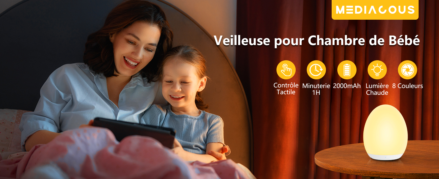 MediAcous Veilleuse Bébé Rechargeable Tactile - Lumière Dimmable Chaud/Colorée, Minuterie 1H, Batterie 200H, IP65