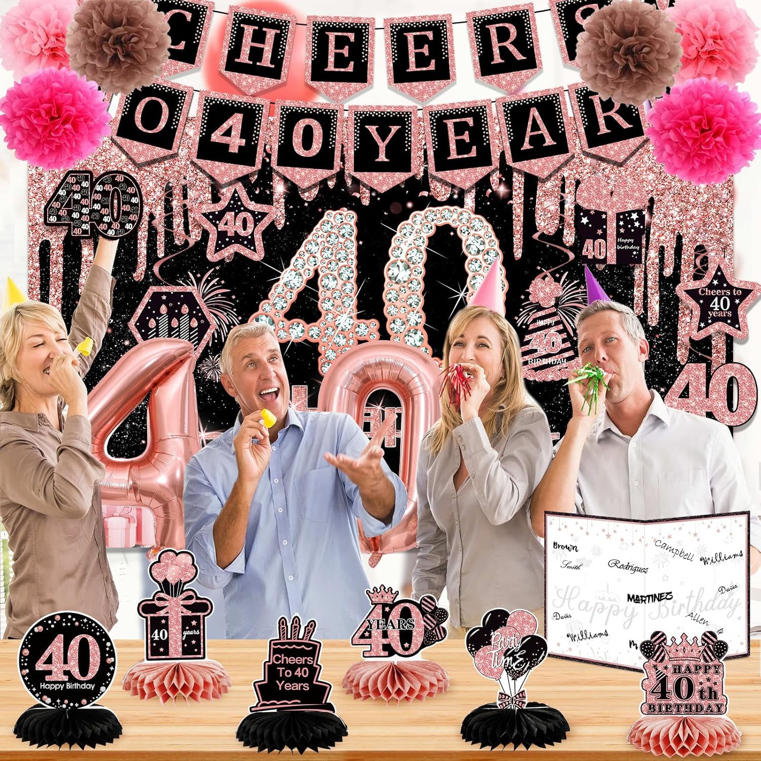 40th Birthday Decorations for Women,24PCS 40th birthday decor,Happy 40th Birthday Banner,Anniversary Card,6 Honeycomb Topper,Balloons,Cheers to 40 years banner,7 Hanging Swirl,6 paper Poms,sash - Image 6