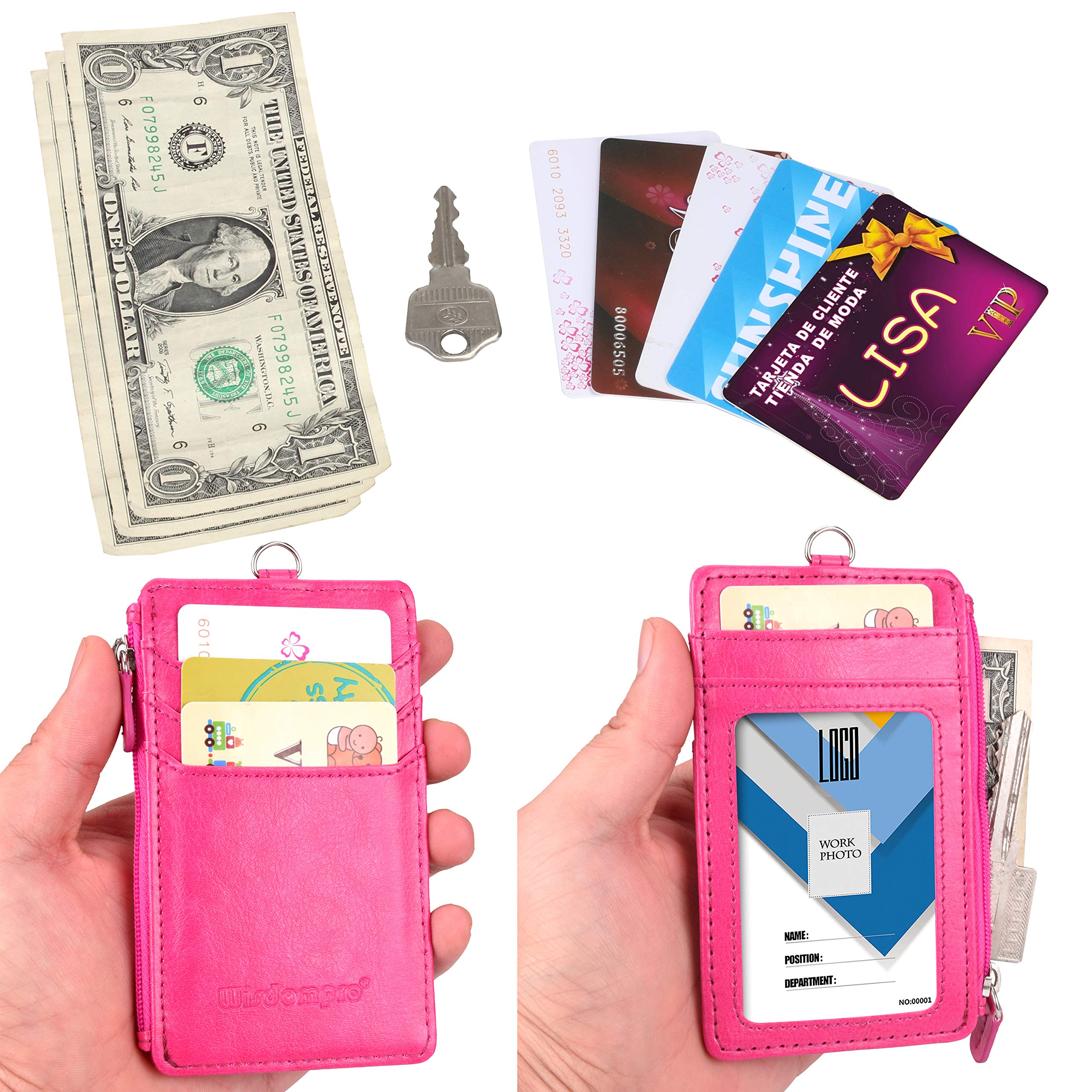 Wisdompro Porta Badge da Collo con Cerniera, 50 cm Portachiavi, 4 Slot, Finestra Trasparente, Rosa Caldo