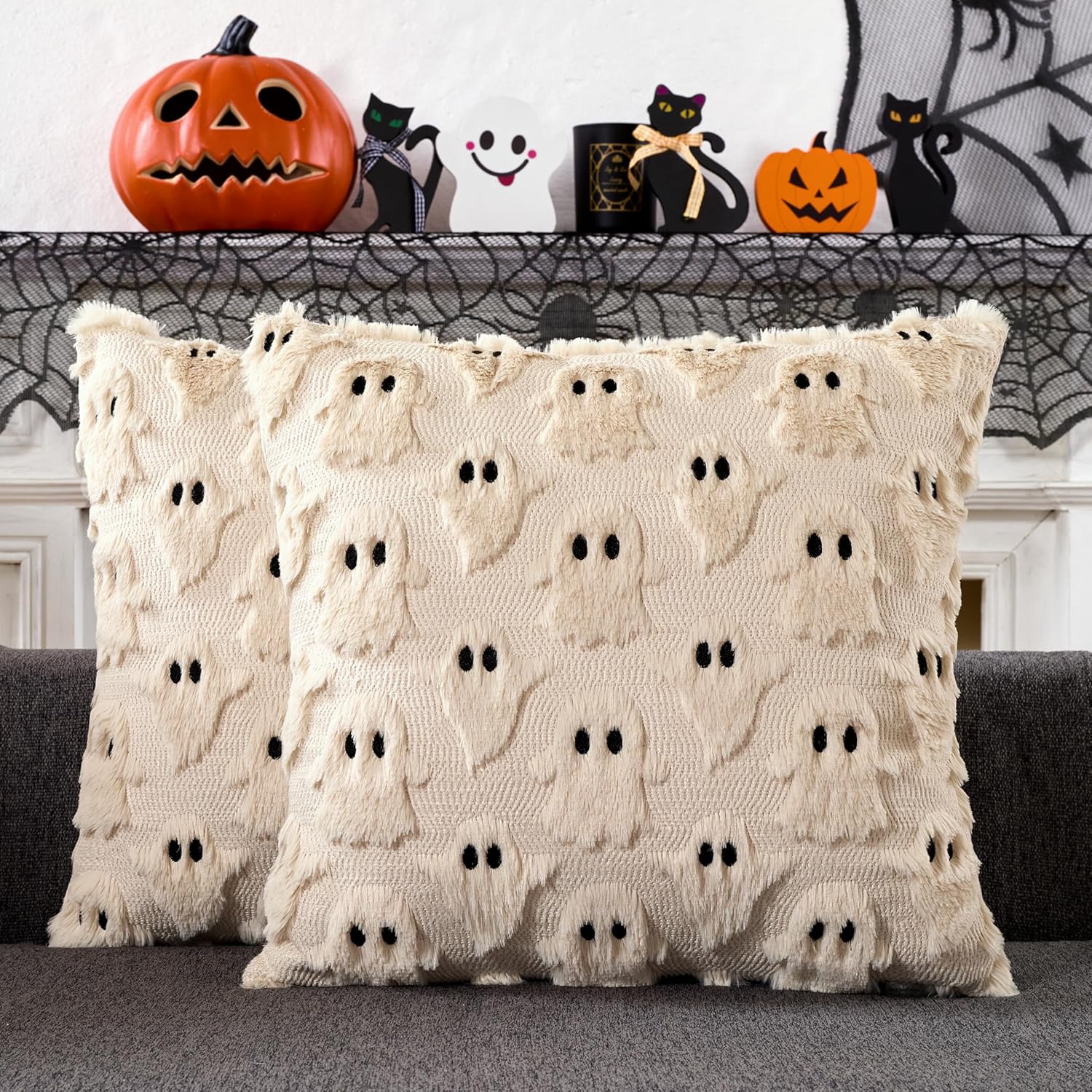 Halloween Decorations Pillow Covers 18x18 inch Set of 2 Beige Ghost Throw Pillow Cases Soft Plush Faux Fur Wool Decorative Cushion Case for Sofa Couch Bed Chair Living Room Home Decor A-beige