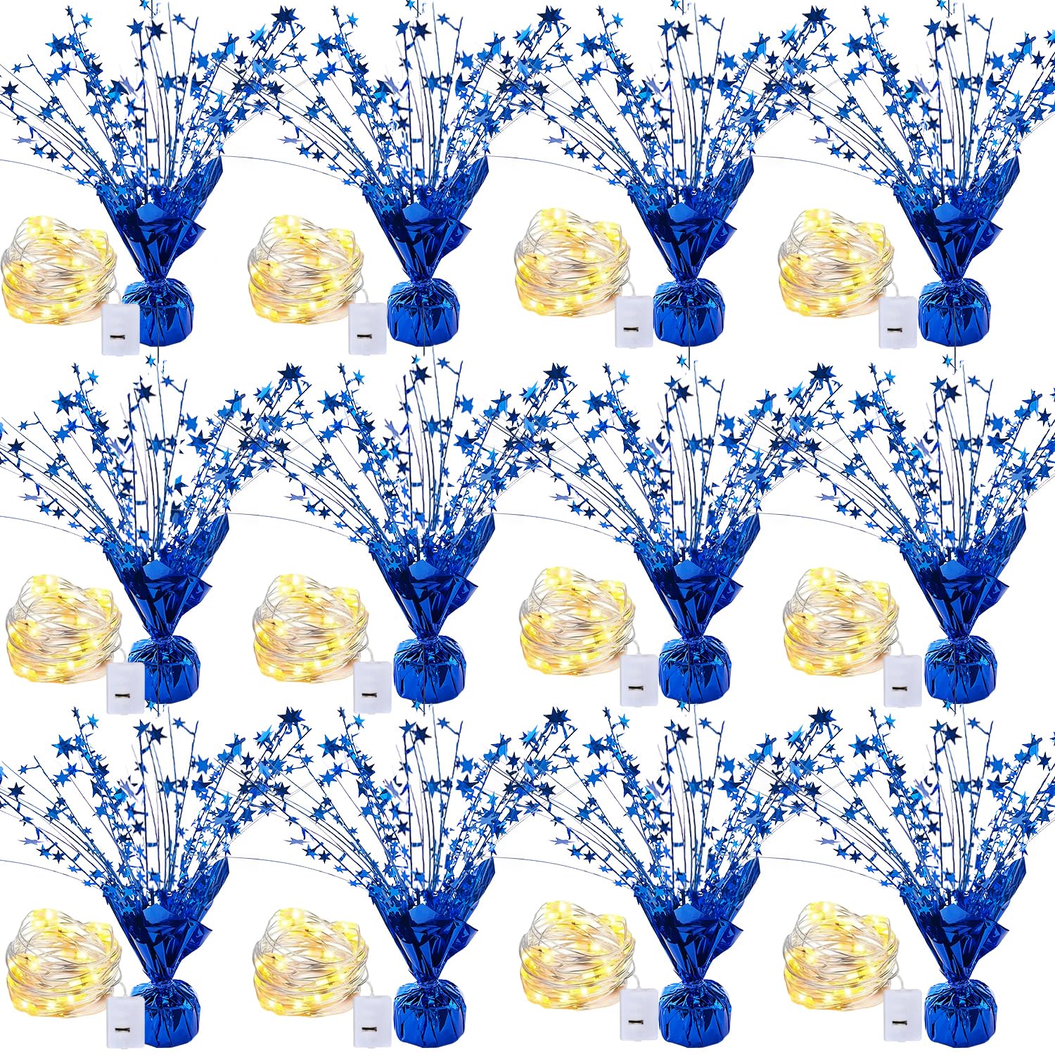 12 Pack Metallic Foil Spray Centerpiece with LED String Lights Star Table Decoration Burst Table Centerpieces for Birthday Graduation Wedding Anniversary Holiday Party Supplies Decor, Blue