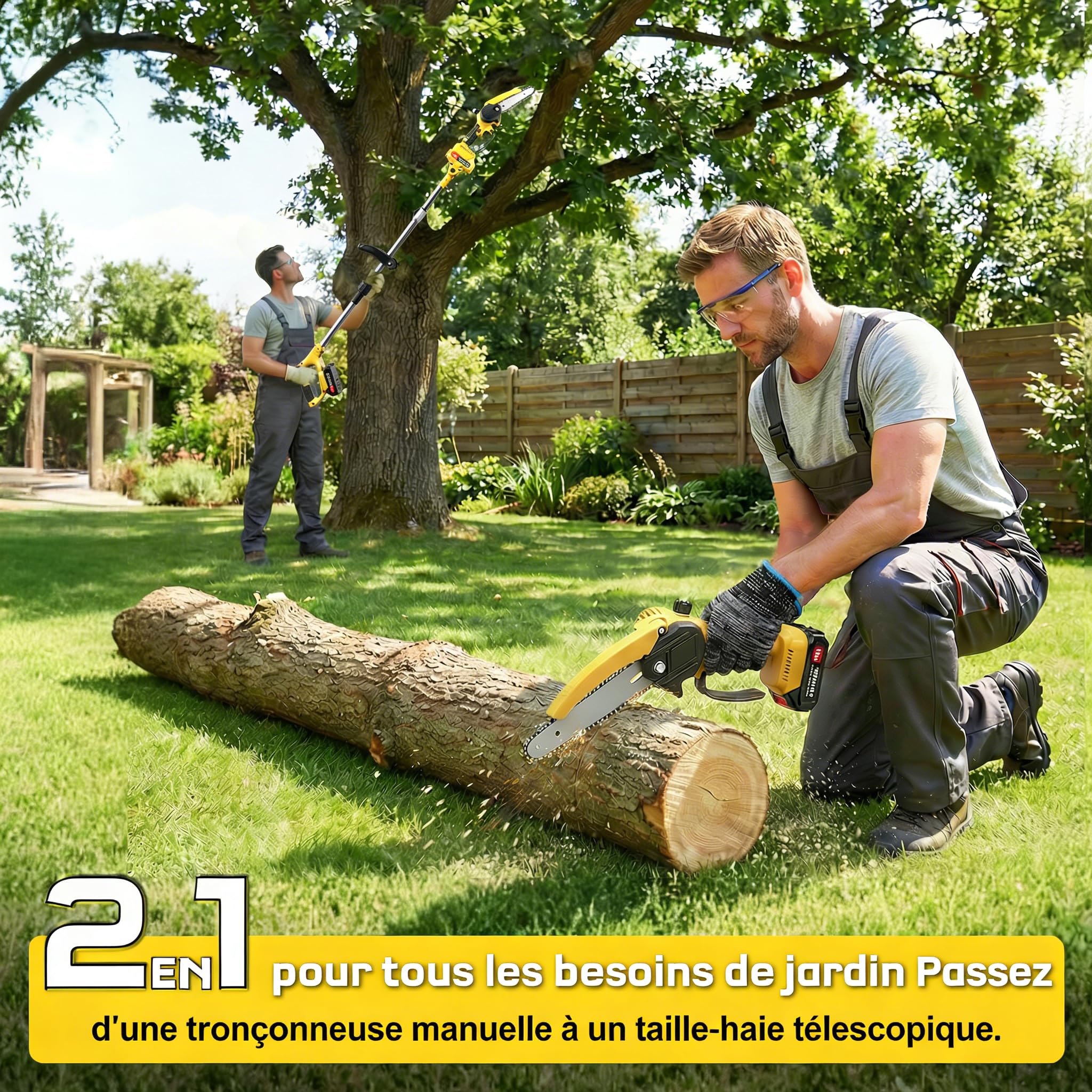 Taille-Haute Batterie 2 en 1, Tronçonneuse 6 Pouces et Taille-Haute Électrique avec 2×2.0Ah Batterie, Tige Télescopique Jusqu'à 1.72m, Taille-Haute pour Branches d'Arbres et Coupe de Bois