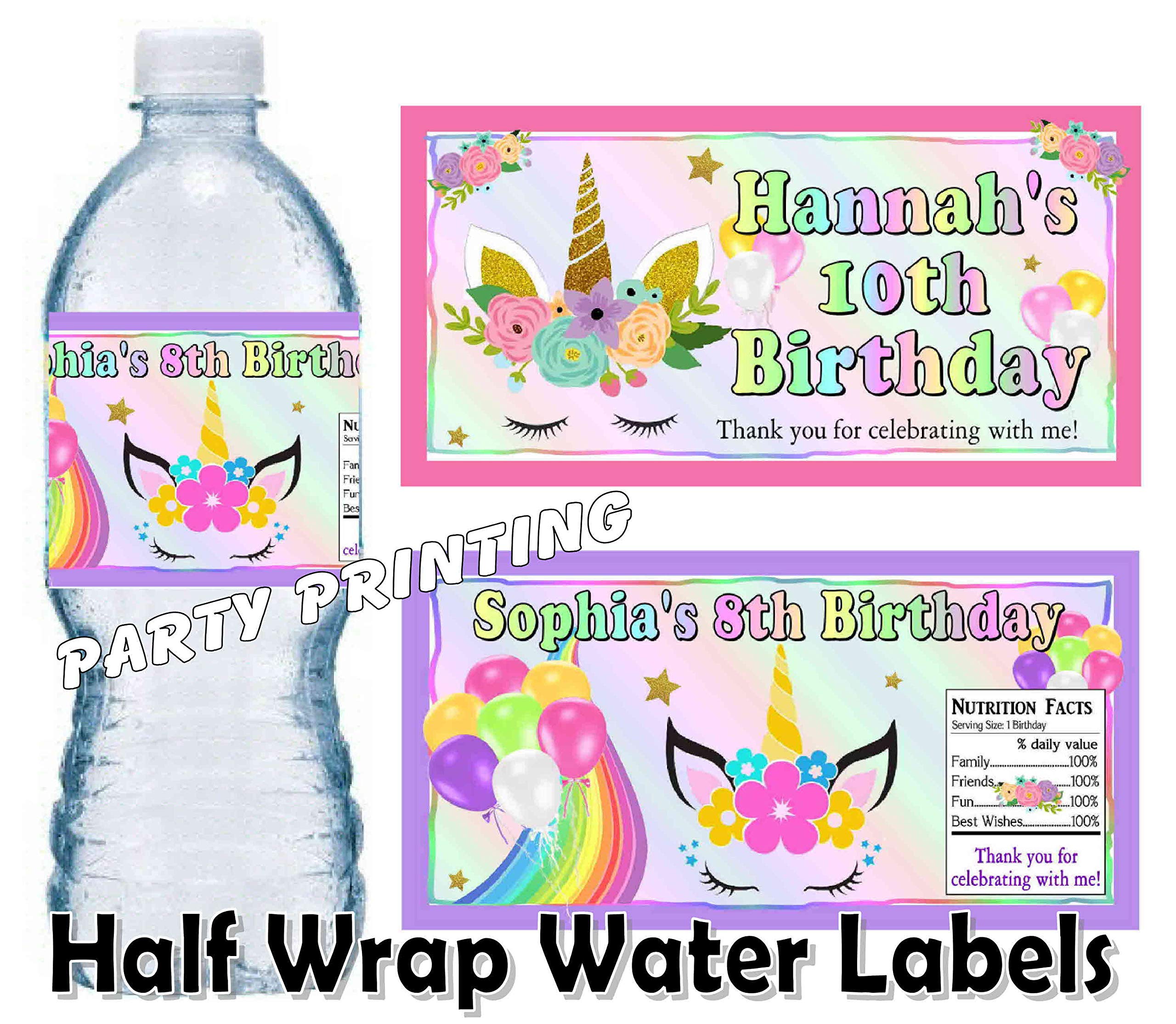 20 RAINBOW UNICORN BIRTHDAY PARTY FAVORS PERSONALIZED WATER BOTTLE LABELS - WRAP HALF WAY AROUND