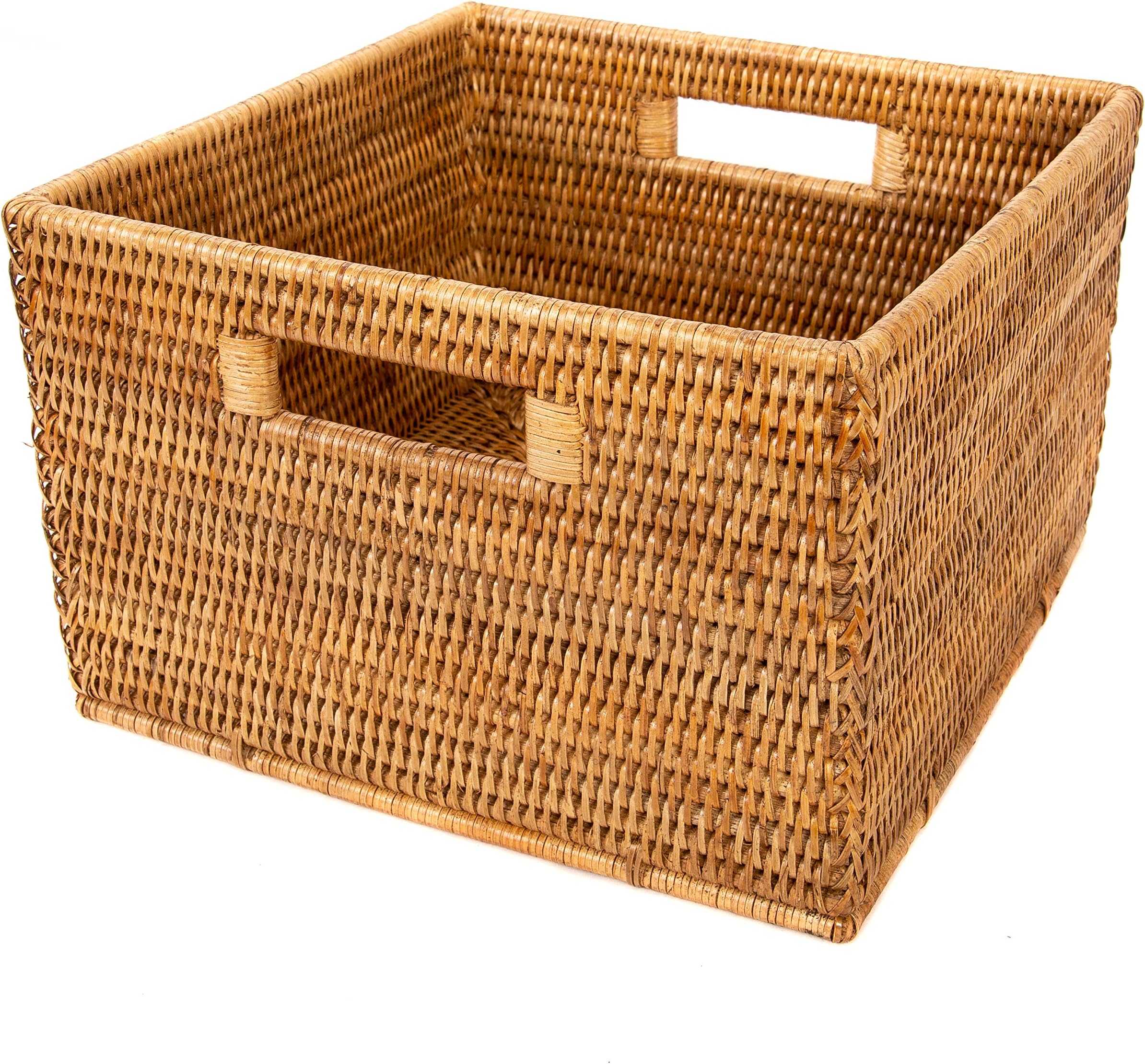 Artifacts Trading Company ATC-BS260B Rattan Square Basket with Cutout Handles, 12" L x 12" W x 8" H, One Size, Honey Brown
