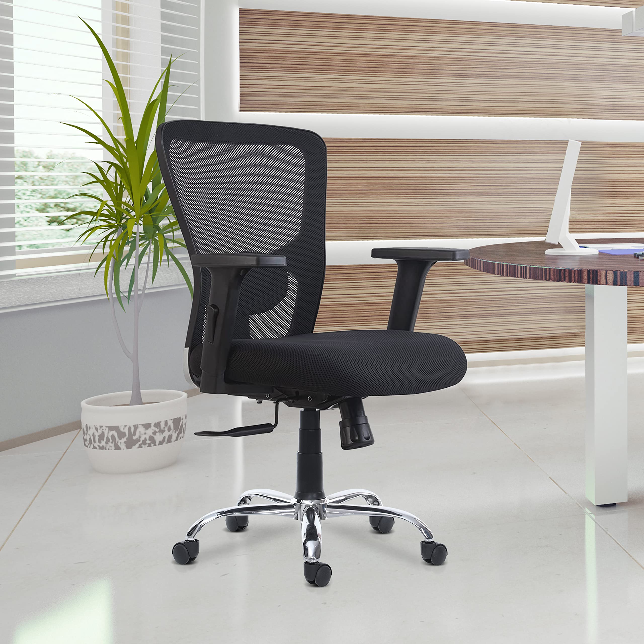 Timber Cheese Ergonomic mesh Chair Work from Home Chair with Syncro tilt Mechanism and Adjustable arm Rest and Chrome Base and 1 Year Warranty (Kenza MID Back, Black)