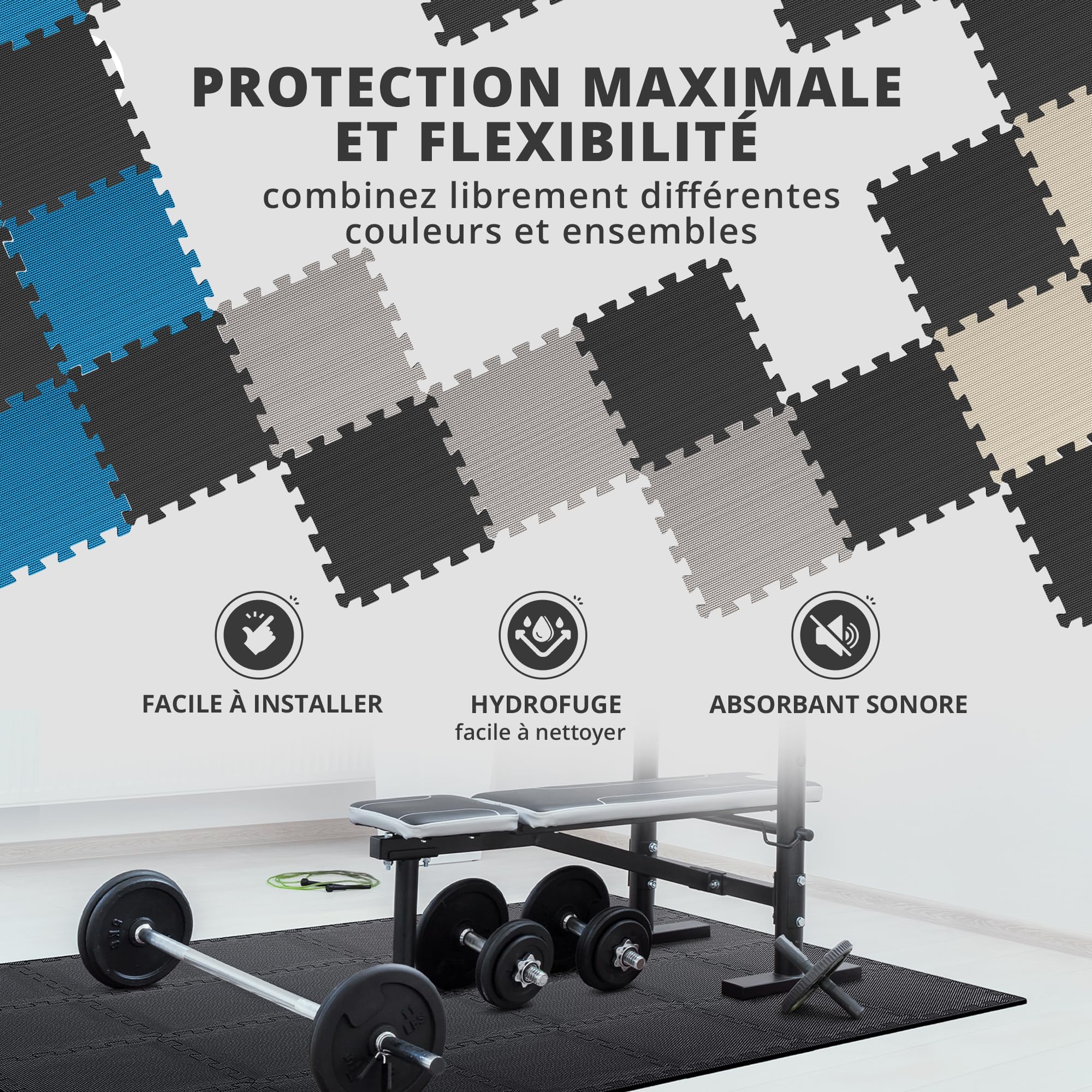 Tapis De Sol Gym En Mousse EVA 60x60cm - 12 Pièces Antidérapantes - Protection Sol Et Insonorisation