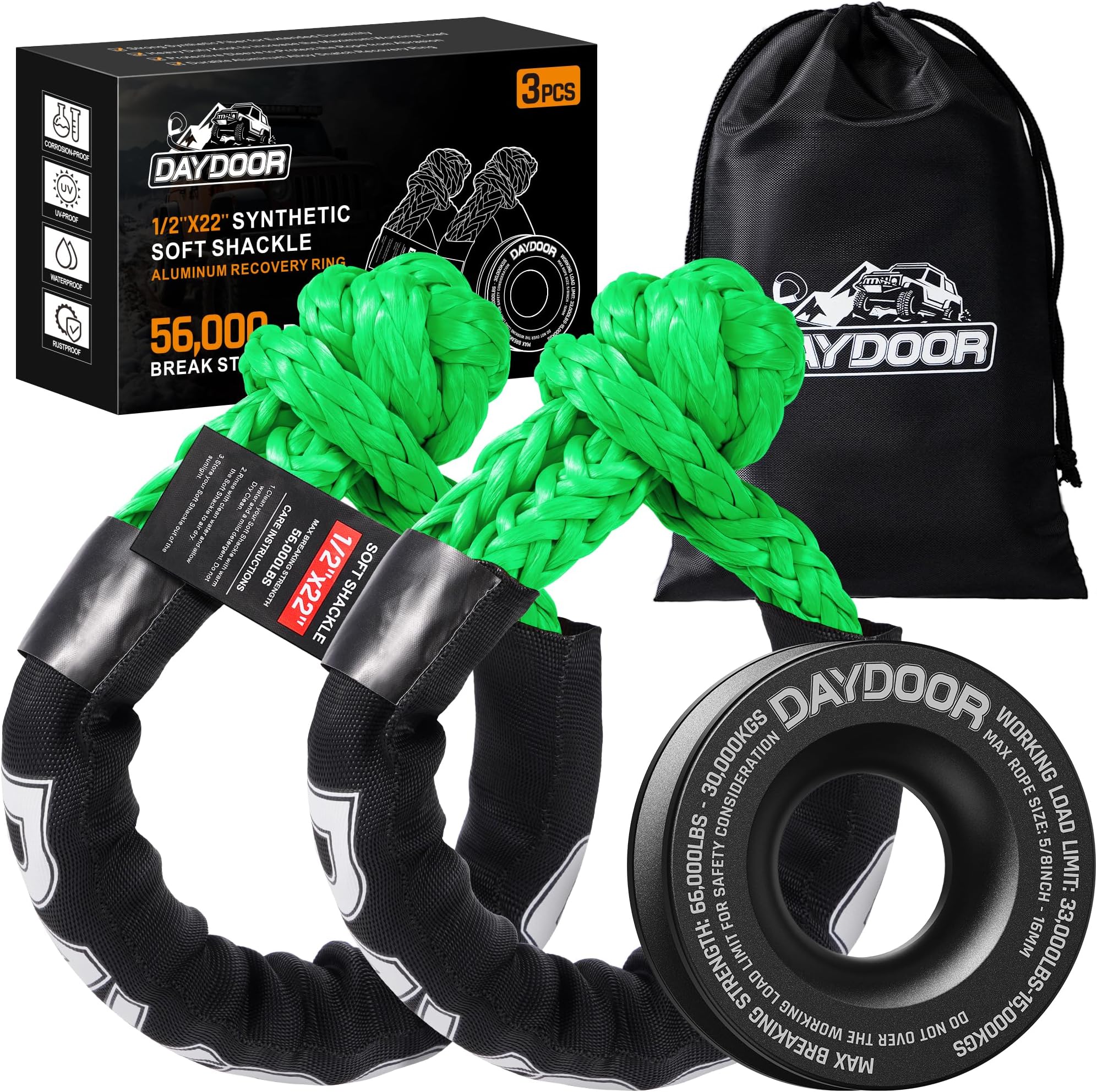 DAYDOOR Synthetic Soft Shackle & Winch Recovery Ring Kit, 2 PCS 1/2'' x 22'' Recovery Soft Shackle(56,000Lbs Breaking Strength), 1 PCS Snatch Recovery Ring for ATV UTV Off-Road Vehicles(Black Ring)