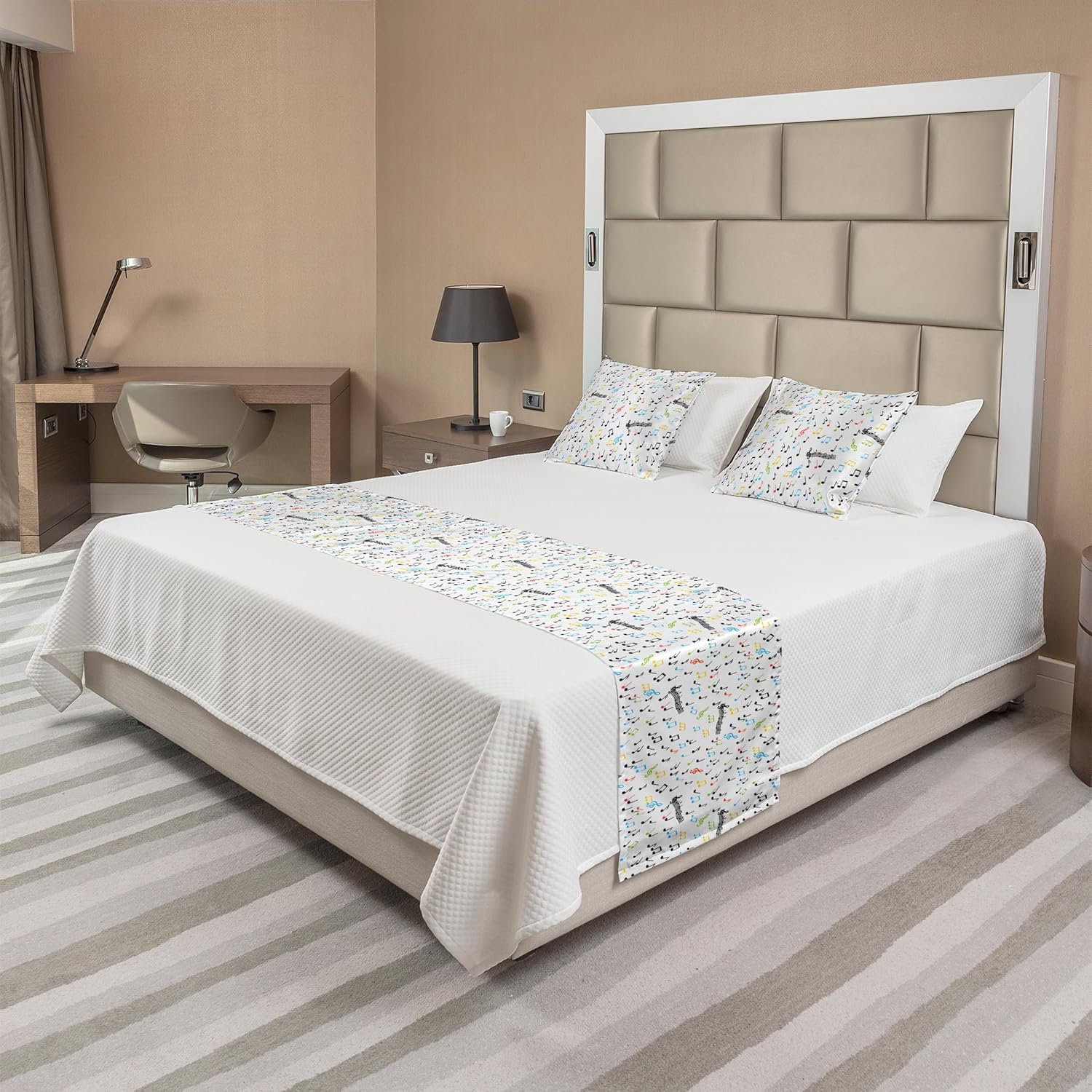 Ambesonne Skull Bed Runner Set, Geometric Skulls and Hearts Crosses Stitch Work Knitted Nordic Pattern Print, Decorative Bedding Scarf and 2 Pillow Shams for Hotels Homes, King, Grey Red Coconut