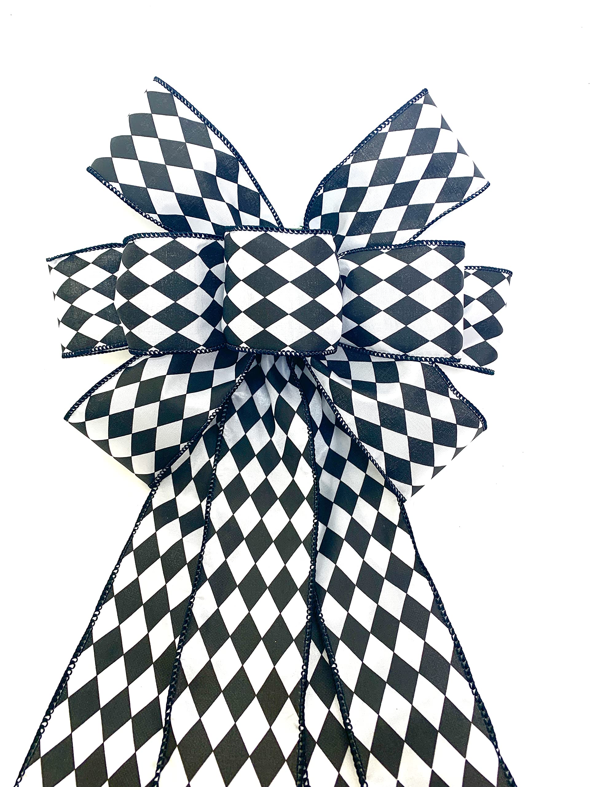 Harlequin Black and White Wreath Bow, Gift Accent, Tree Topper Ribbon, Large Door Decoration, Wreath Crafting Supplies, DIY Wreath, Lantern Ornament, Wrapping Bow.