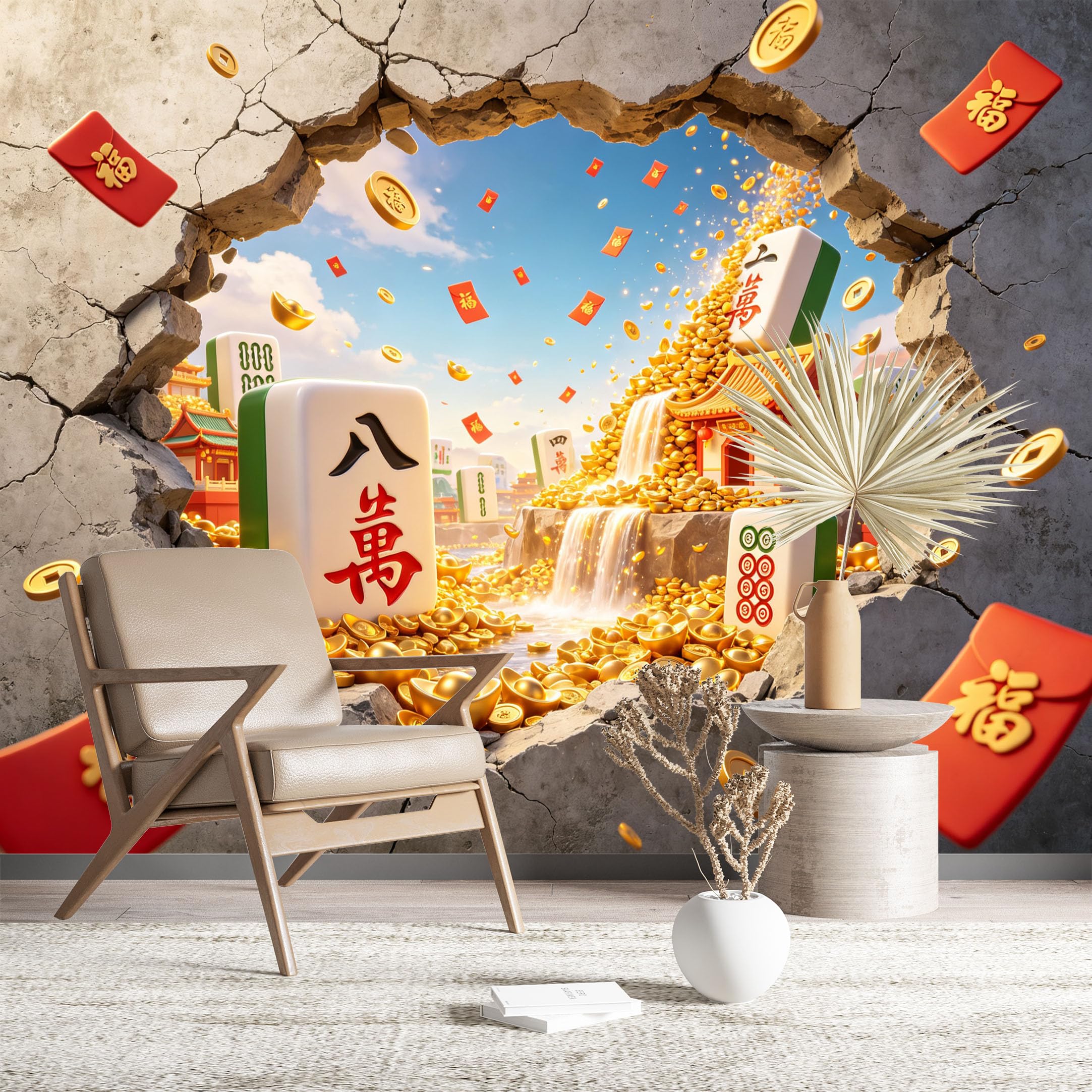 Custom Size Wall Murals Mahjong Gold Treasure Through Cracked Wall Self-Adhesive Wall Fabric (NO PVC) Removable Wallpaper for Living Room Home Decor