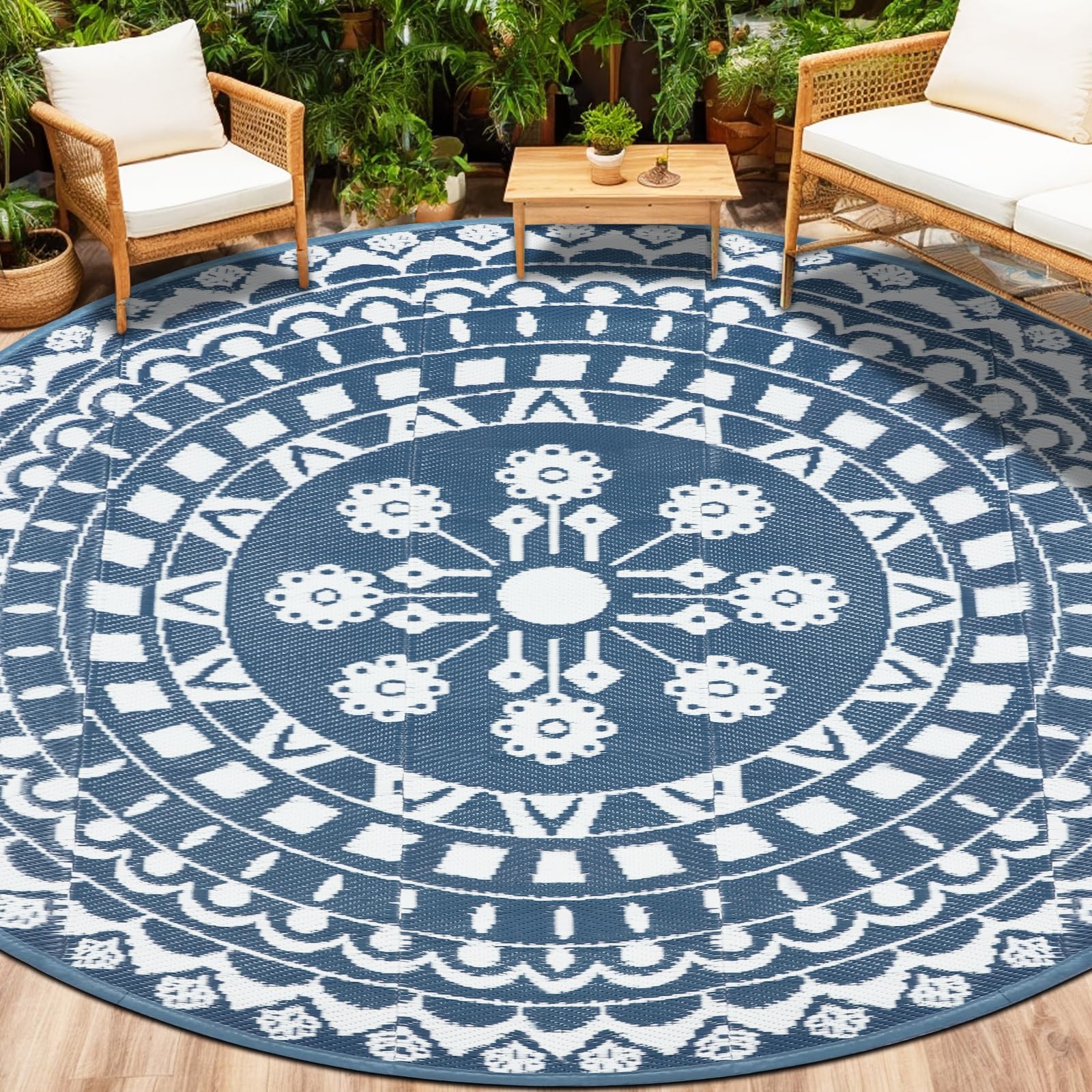 Capslpad Round Outdoor Garden Rugs ø240cm Waterproof Mat Reversible Plastic Straw Rug Boho Round Indoor Outdoor Area Rug for Garden RV Camping Balcony Backyard Balcony Deck Tent Picnic, Blue