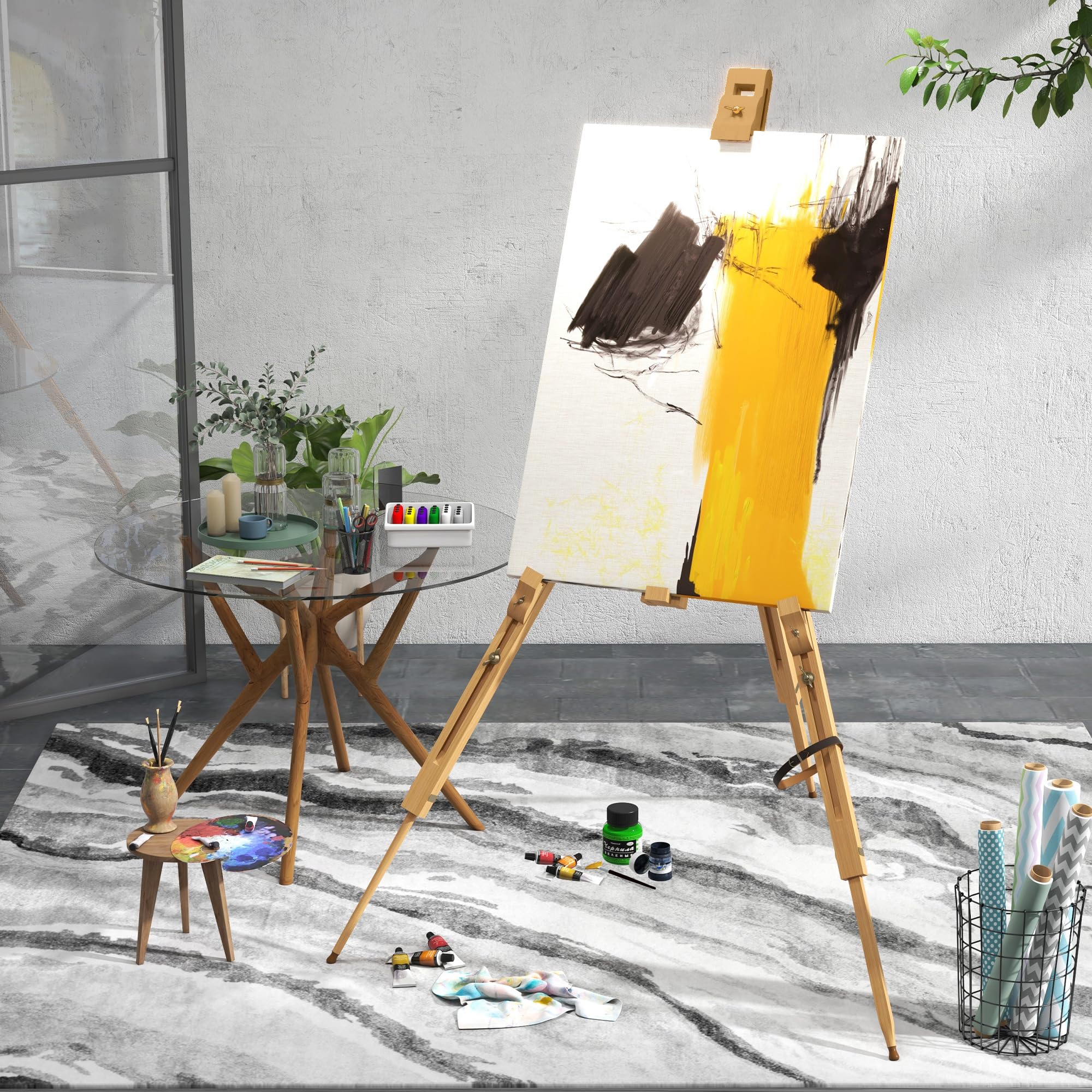 Vinsetto Cavalletto per Pittura Pieghevole in Legno di Faggio, Cavalletto Dipingere con Angolazione e Altezza Regolabile, 93x84x183 cm, Color Legno