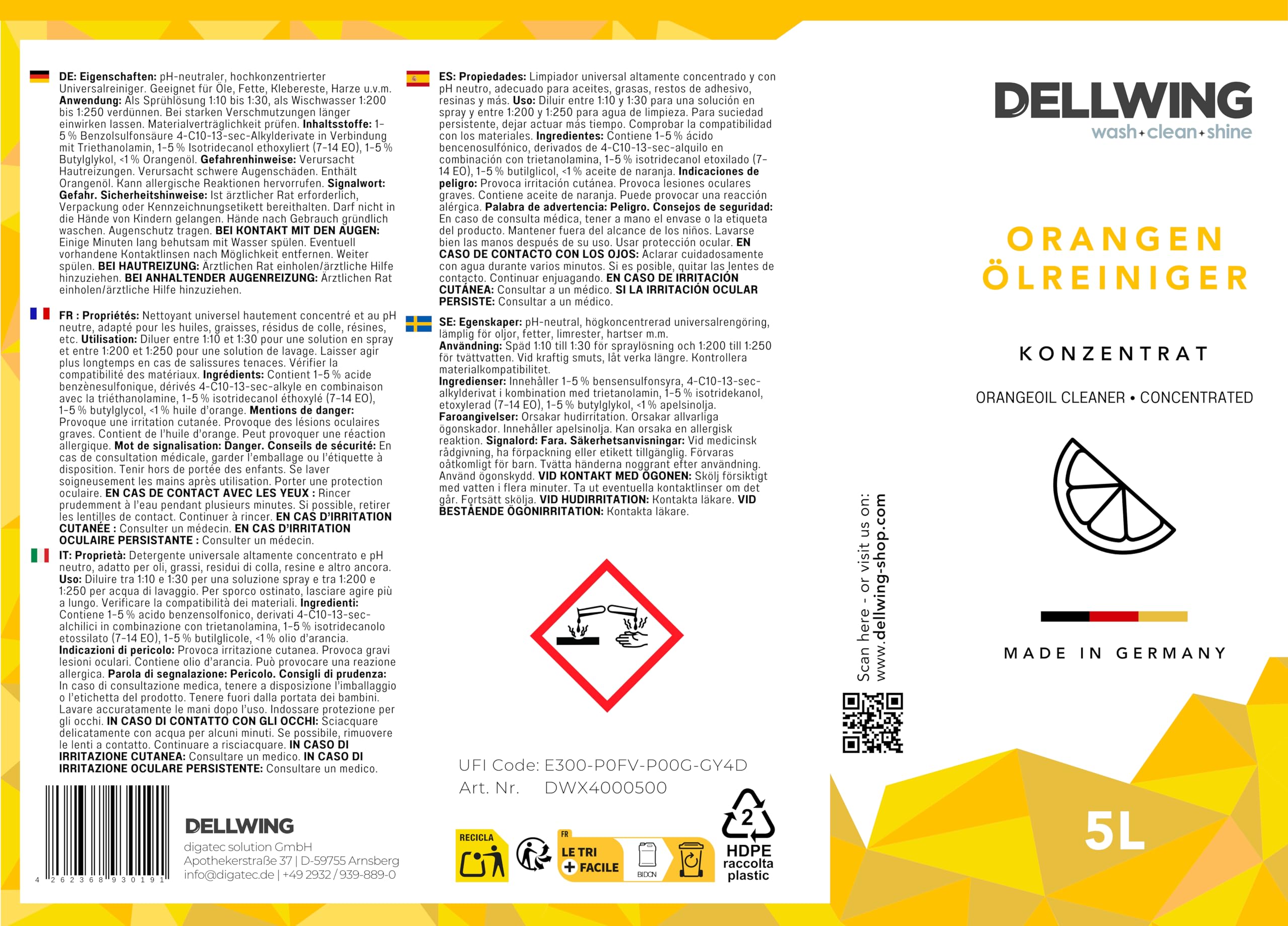 Dellwing Orangenölreiniger Konzentrat 5 l, Universal Orangenreiniger, Orangenöl Reiniger hochkonzentriert, Reinigungsmittel für Küche, Boden, Made in Germany | Universal Orangenreiniger, hochkonzentriert, Allzweckreinigungsmittel für Küche und Böden, Made