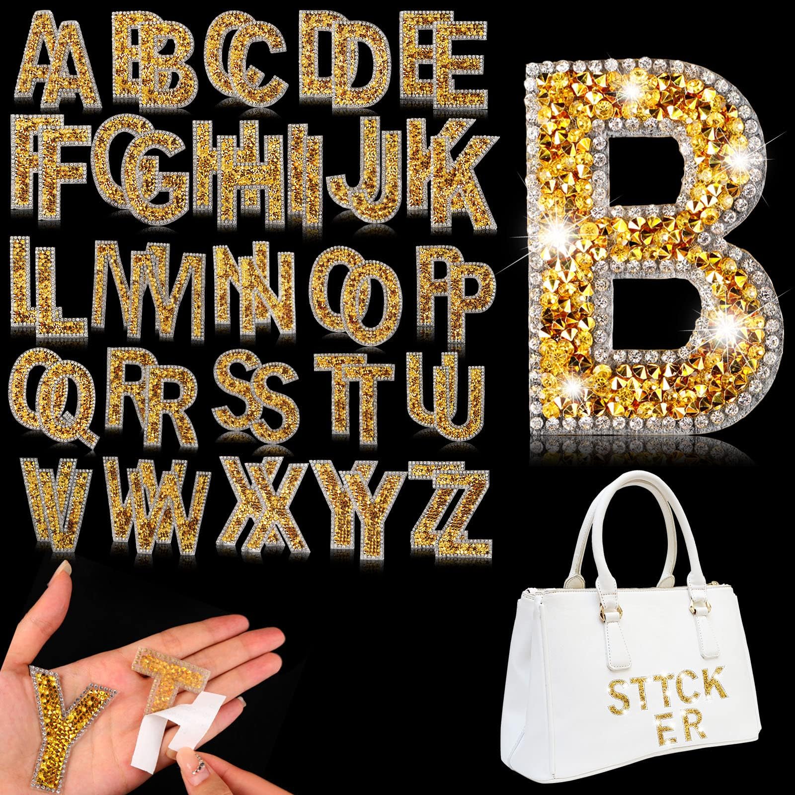 Yinder 52 Pieces Glitter Rhinestone Letter Stickers Crystal Rhinestone Iron on Letter Self Adhesive A-Z Glitter Resin Stickers for Clothing Art DIY Works (Gold)